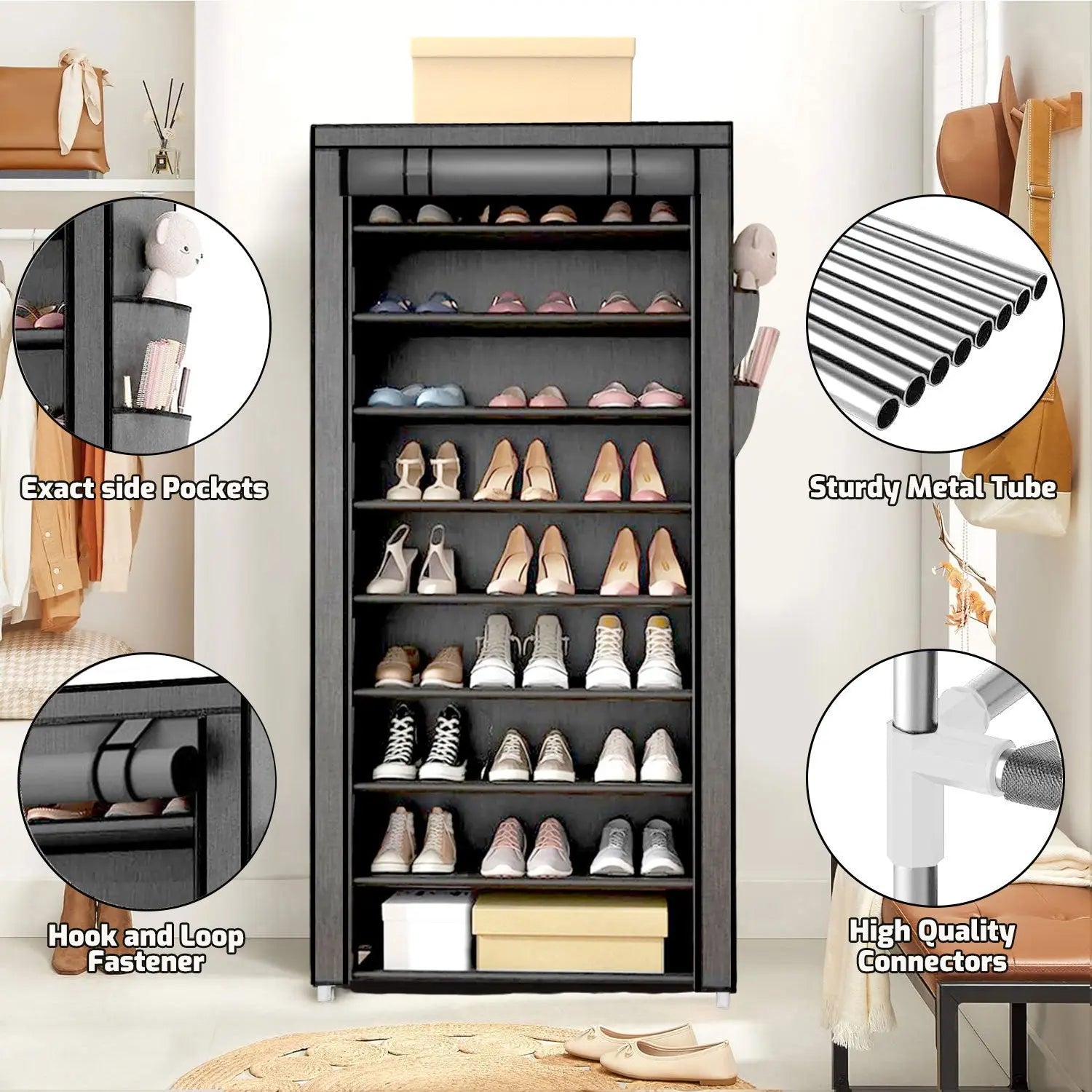 10 Tier Shoe Rack with Covers,Large Capacity Stackable Tall Shoe Organizer Storage Shoes and Boots Sturdy Metal Free Standing Shoe Shelf Organizer for Closet Entryway Garage Bedroom Hand C Mart