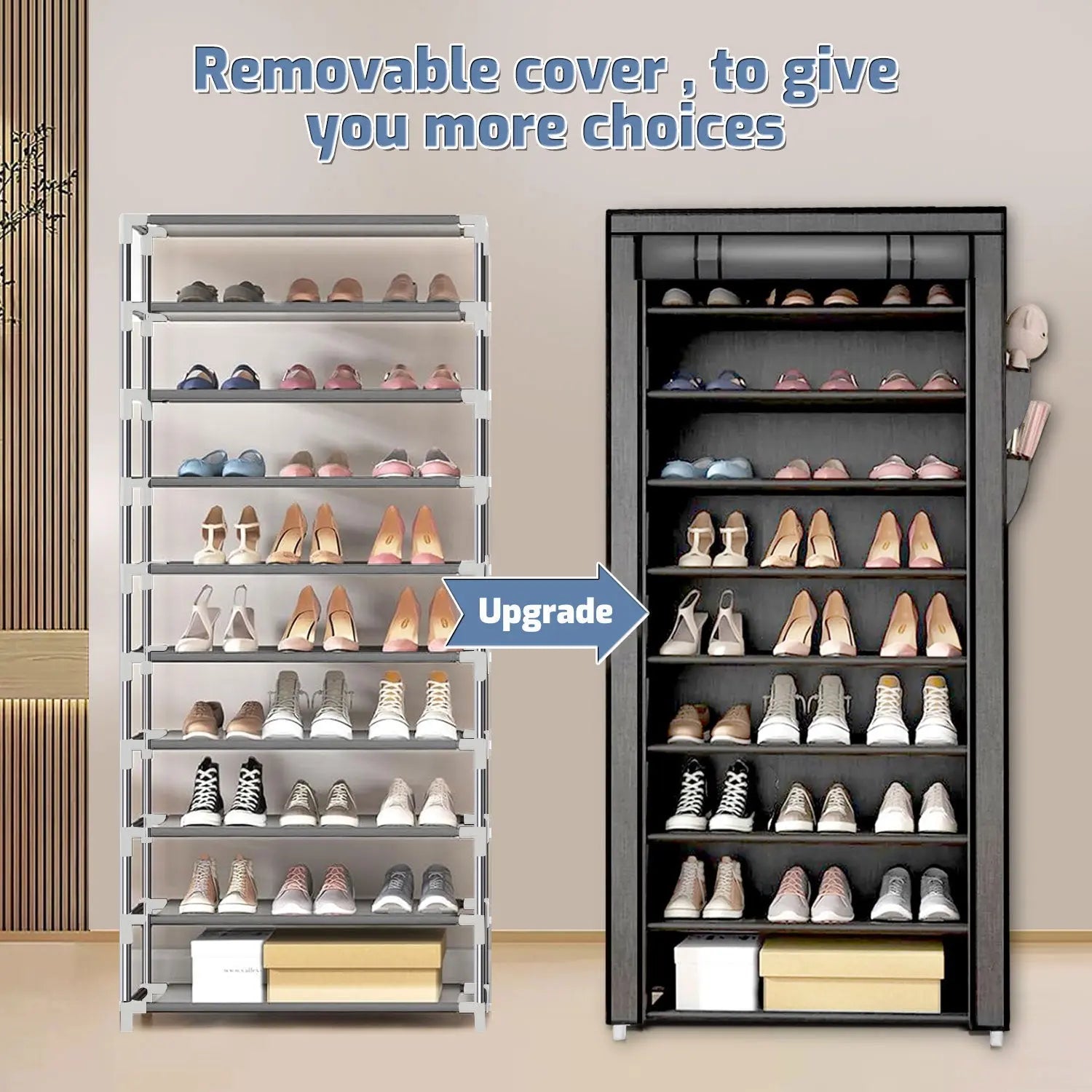 10 Tier Shoe Rack with Covers,Large Capacity Stackable Tall Shoe Organizer Storage Shoes and Boots Sturdy Metal Free Standing Shoe Shelf Organizer for Closet Entryway Garage Bedroom Hand C Mart