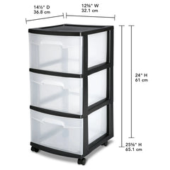 (2 pack) Sterilite 3 Drawer Plastic Cart, Black with Clear Drawers, Adult Hand C Mart