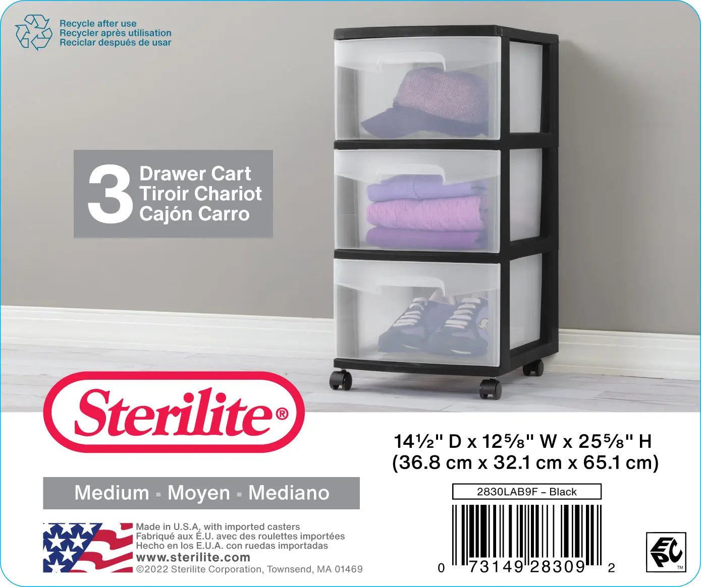 (2 pack) Sterilite 3 Drawer Plastic Cart, Black with Clear Drawers, Adult Hand C Mart