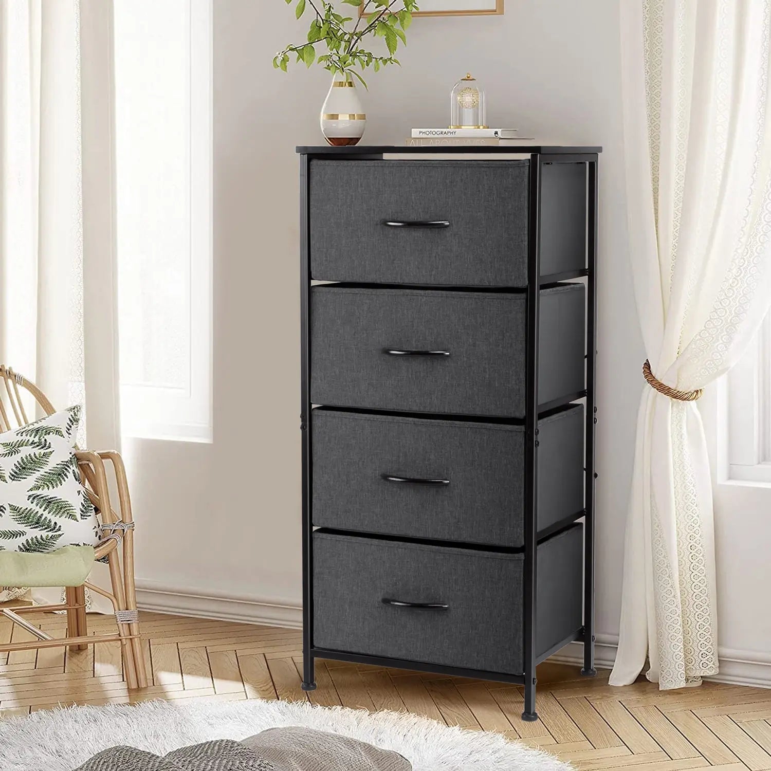 4 Drawers Dresser for Bedroom, Vesteel Fabric Chest of Drawers Tall Storage Tower with Wood Top and Sturdy Steel Frame, Storage Organizer Unit for Closet, Living Room, Hallway - Black Hand C Mart