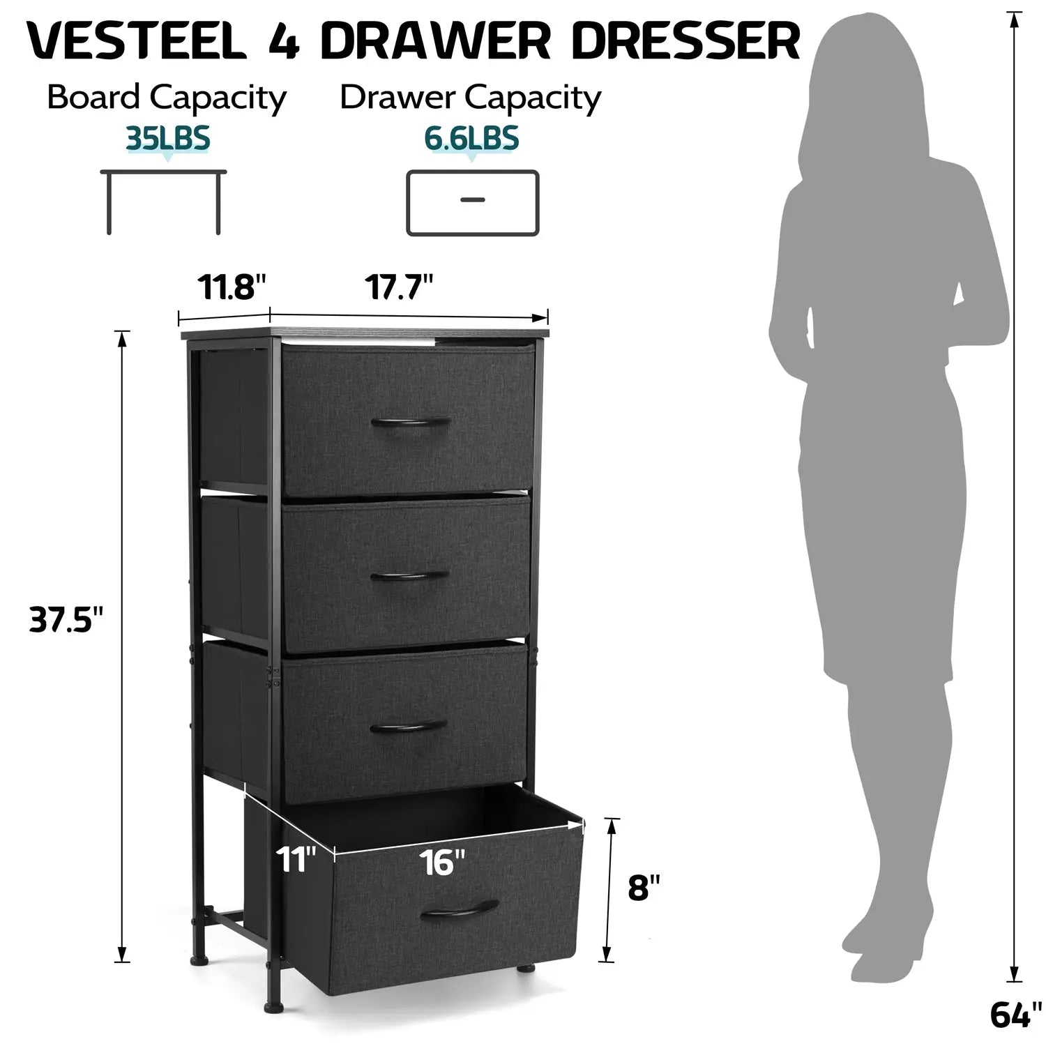 4 Drawers Dresser for Bedroom, Vesteel Fabric Chest of Drawers Tall Storage Tower with Wood Top and Sturdy Steel Frame, Storage Organizer Unit for Closet, Living Room, Hallway - Black Hand C Mart