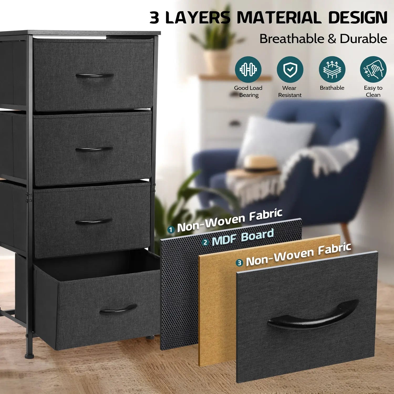 4 Drawers Dresser for Bedroom, Vesteel Fabric Chest of Drawers Tall Storage Tower with Wood Top and Sturdy Steel Frame, Storage Organizer Unit for Closet, Living Room, Hallway - Black Hand C Mart