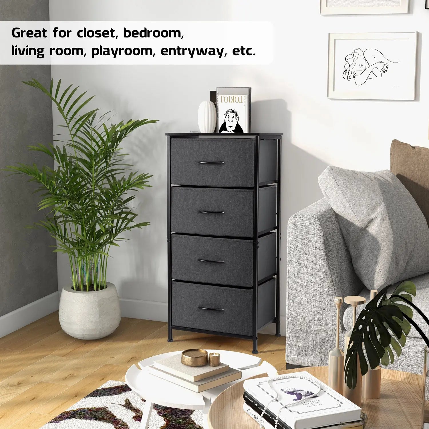 4 Drawers Dresser for Bedroom, Vesteel Fabric Chest of Drawers Tall Storage Tower with Wood Top and Sturdy Steel Frame, Storage Organizer Unit for Closet, Living Room, Hallway - Black Hand C Mart