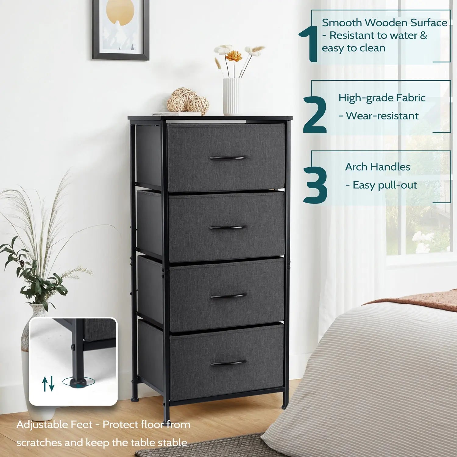 4 Drawers Dresser for Bedroom, Vesteel Fabric Chest of Drawers Tall Storage Tower with Wood Top and Sturdy Steel Frame, Storage Organizer Unit for Closet, Living Room, Hallway - Black Hand C Mart