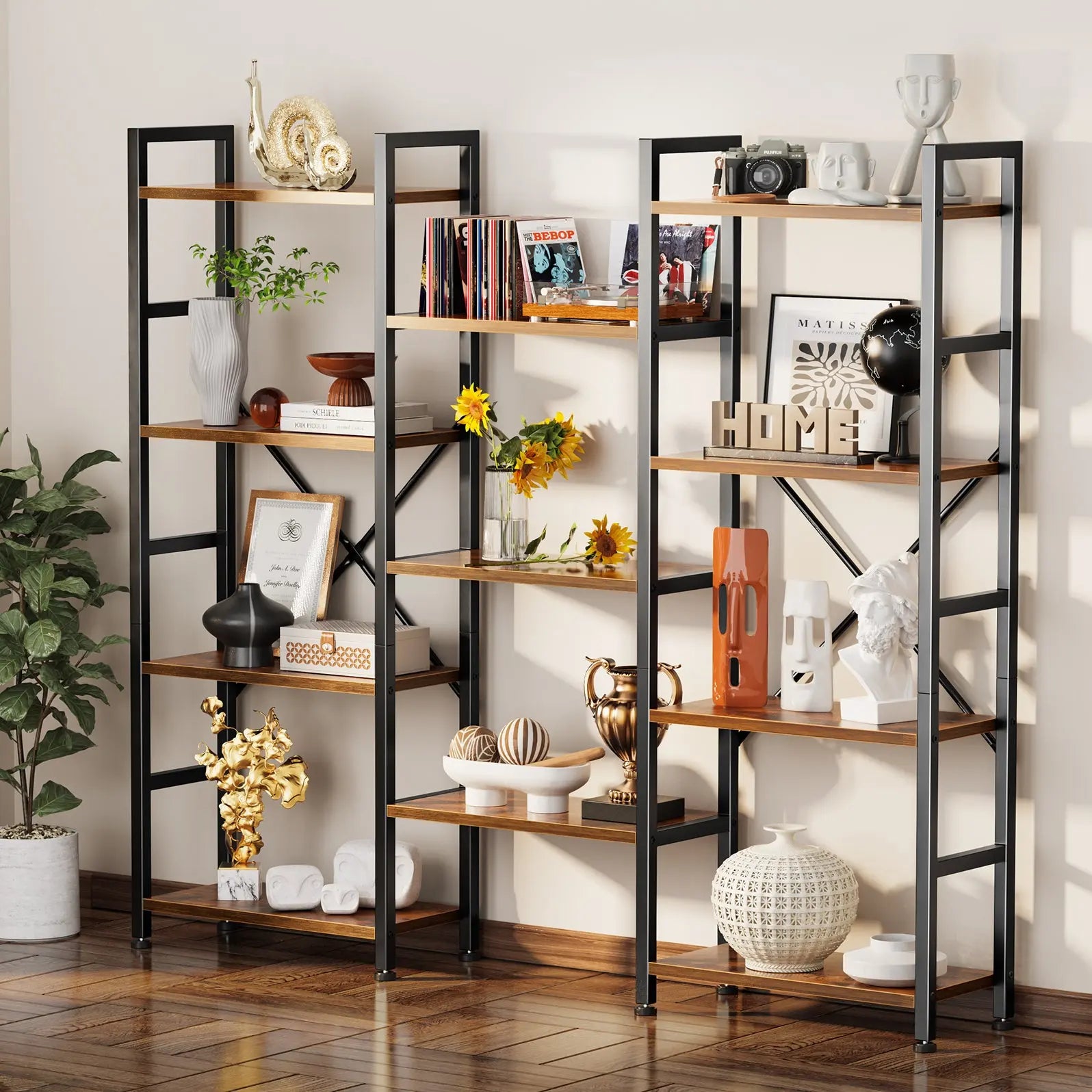 4 Tiers Industrial Bookcase and Bookshelf, Metal Wood 11 Display Shelves, Large Book Shelf for Living Room, Storage Shelf Organizer, Book Case in Brown Hand C Mart