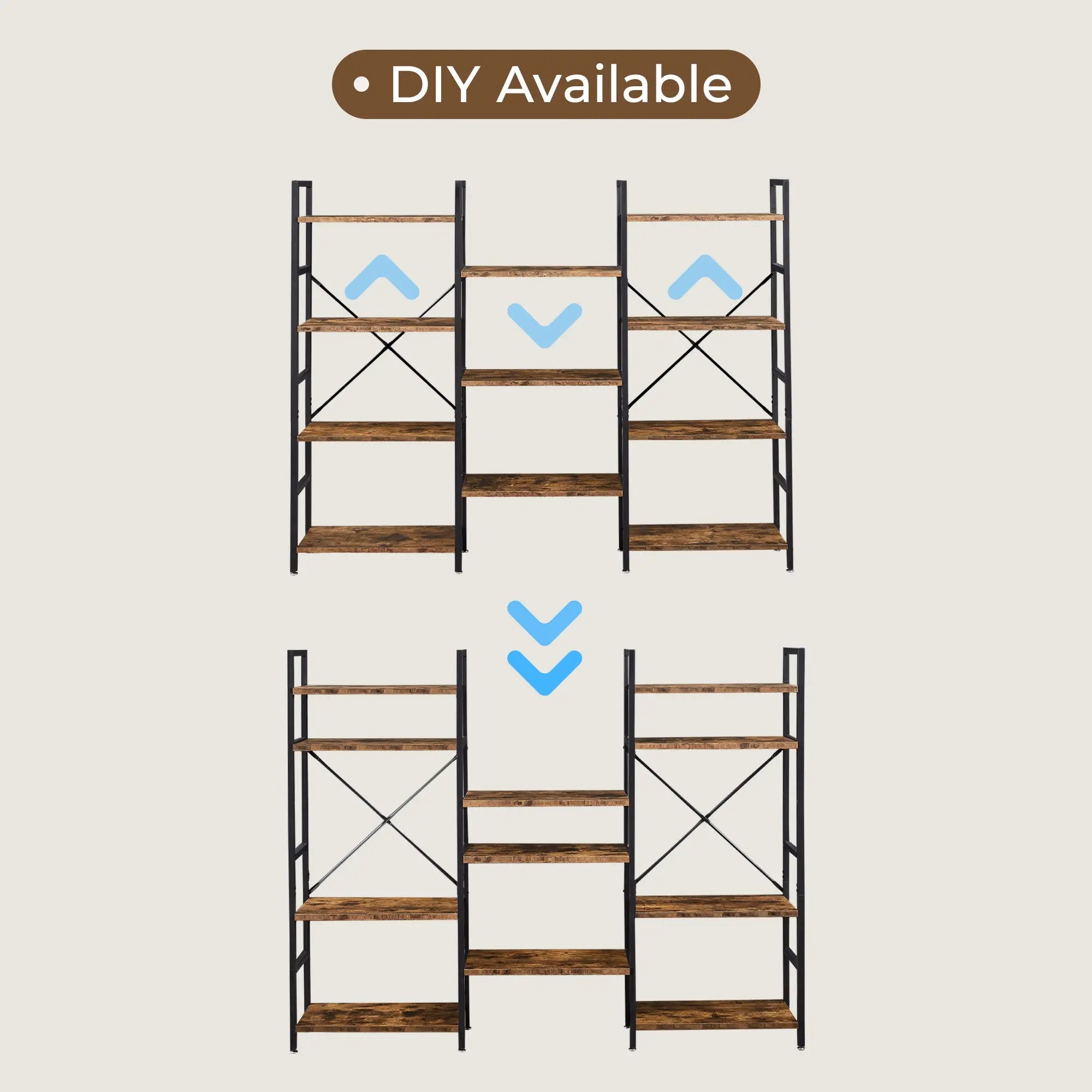 4 Tiers Industrial Bookcase and Bookshelf, Metal Wood 11 Display Shelves, Large Book Shelf for Living Room, Storage Shelf Organizer, Book Case in Brown Hand C Mart