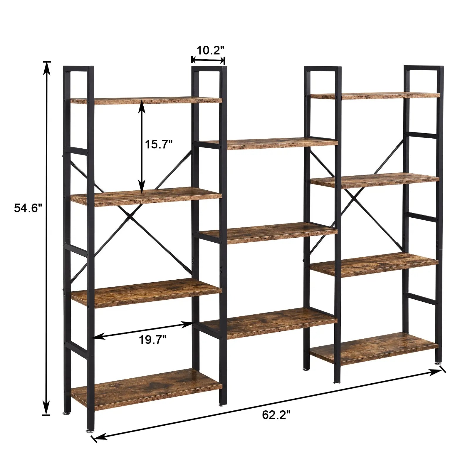 4 Tiers Industrial Bookcase and Bookshelf, Metal Wood 11 Display Shelves, Large Book Shelf for Living Room, Storage Shelf Organizer, Book Case in Brown Hand C Mart