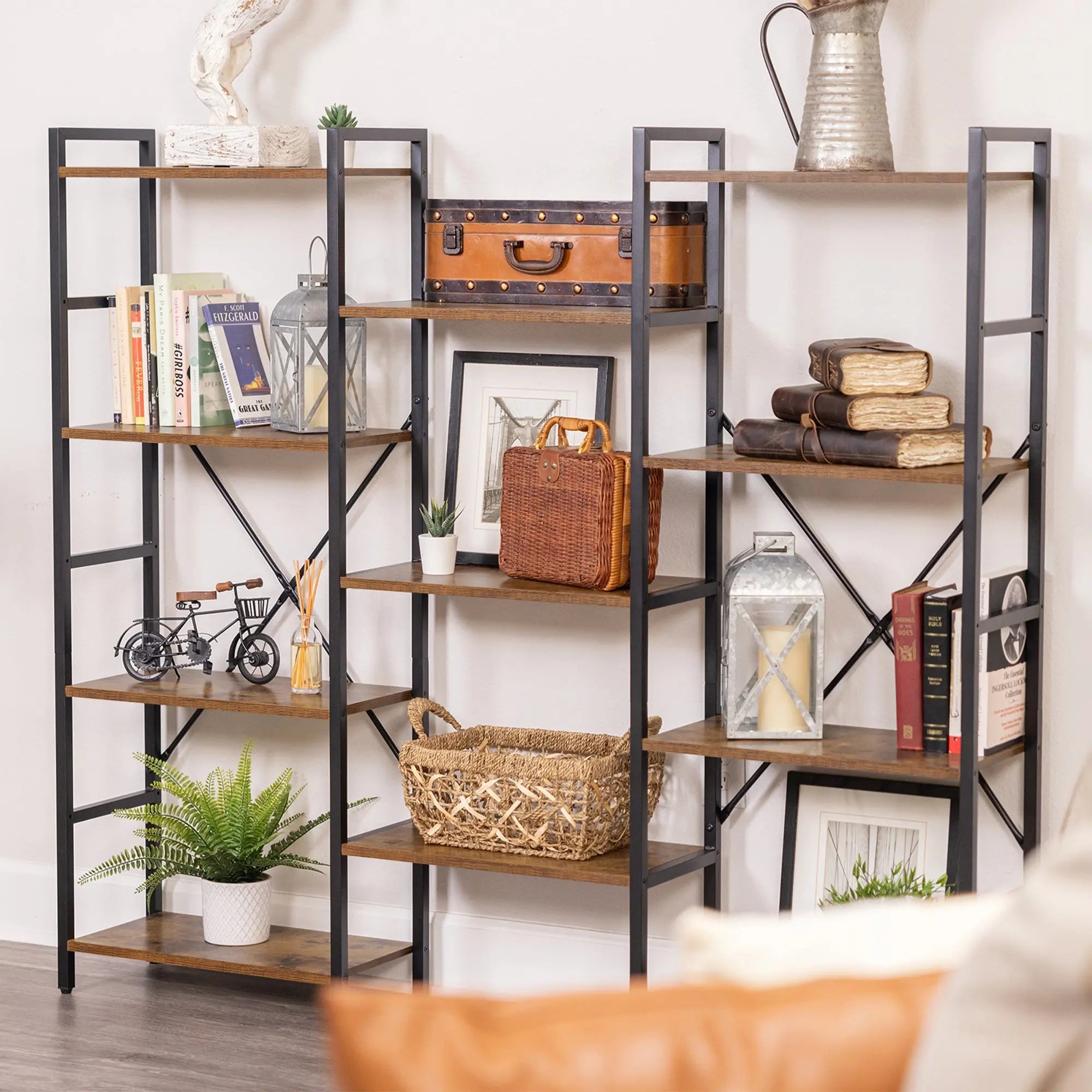 4 Tiers Industrial Bookcase and Bookshelf, Metal Wood 11 Display Shelves, Large Book Shelf for Living Room, Storage Shelf Organizer, Book Case in Brown Hand C Mart