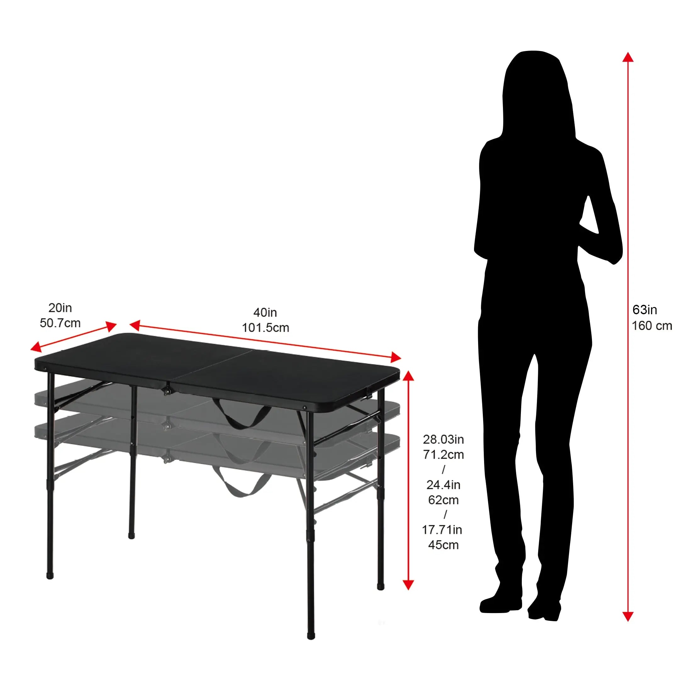 40" L x 20" W Plastic Adjustable Height Fold-in-Half Folding Table, Rich Black Hand C Mart