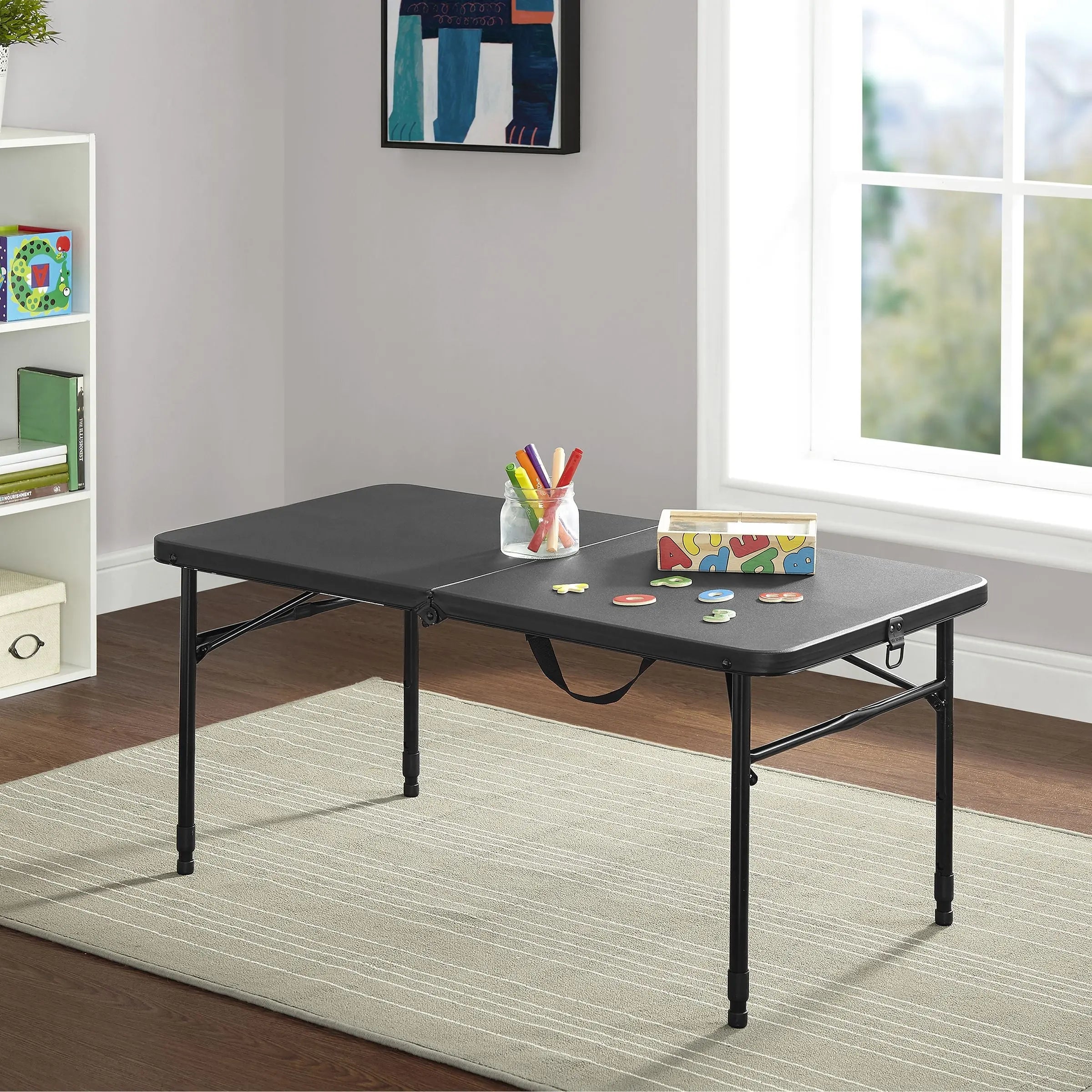 40" L x 20" W Plastic Adjustable Height Fold-in-Half Folding Table, Rich Black Hand C Mart