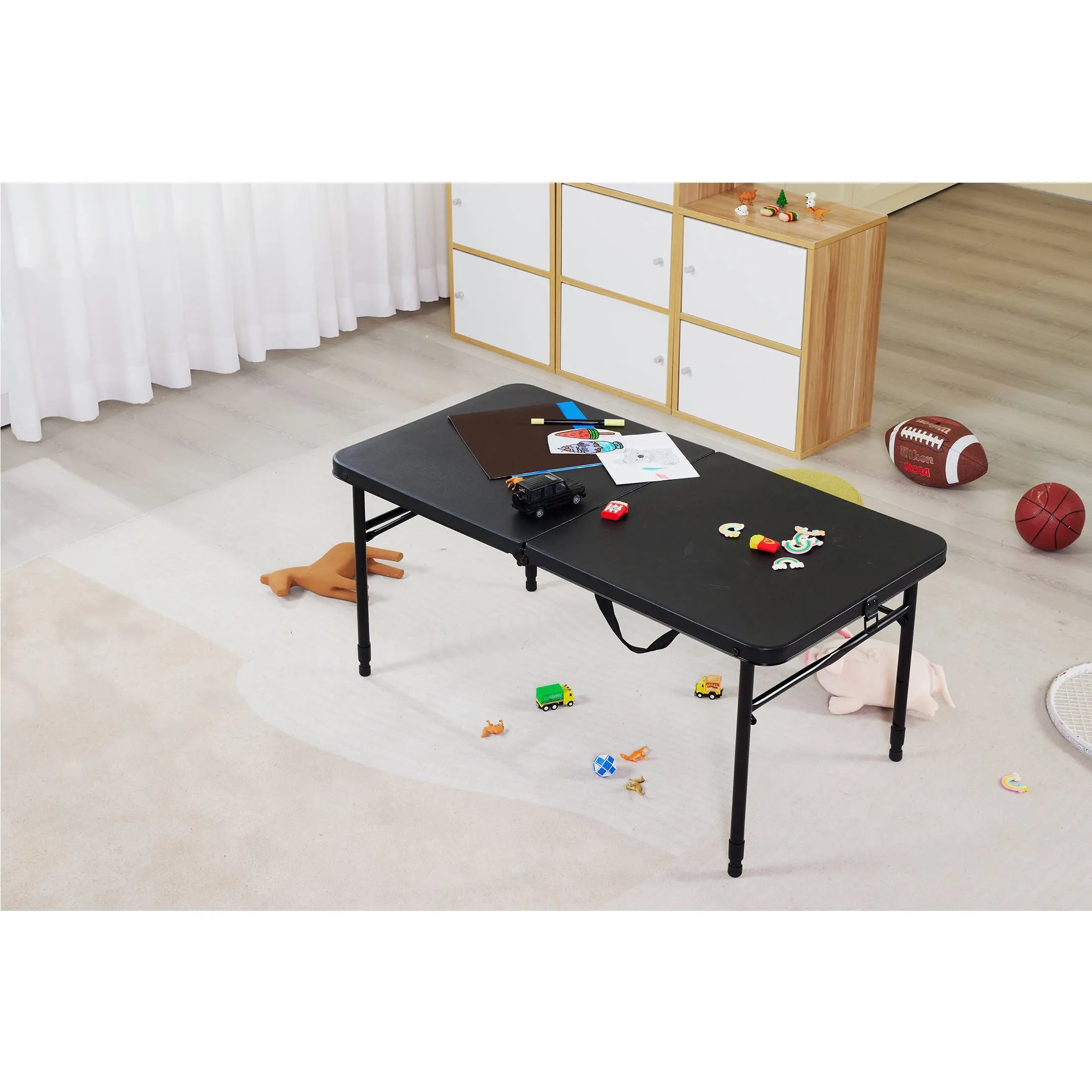 40" L x 20" W Plastic Adjustable Height Fold-in-Half Folding Table, Rich Black Hand C Mart