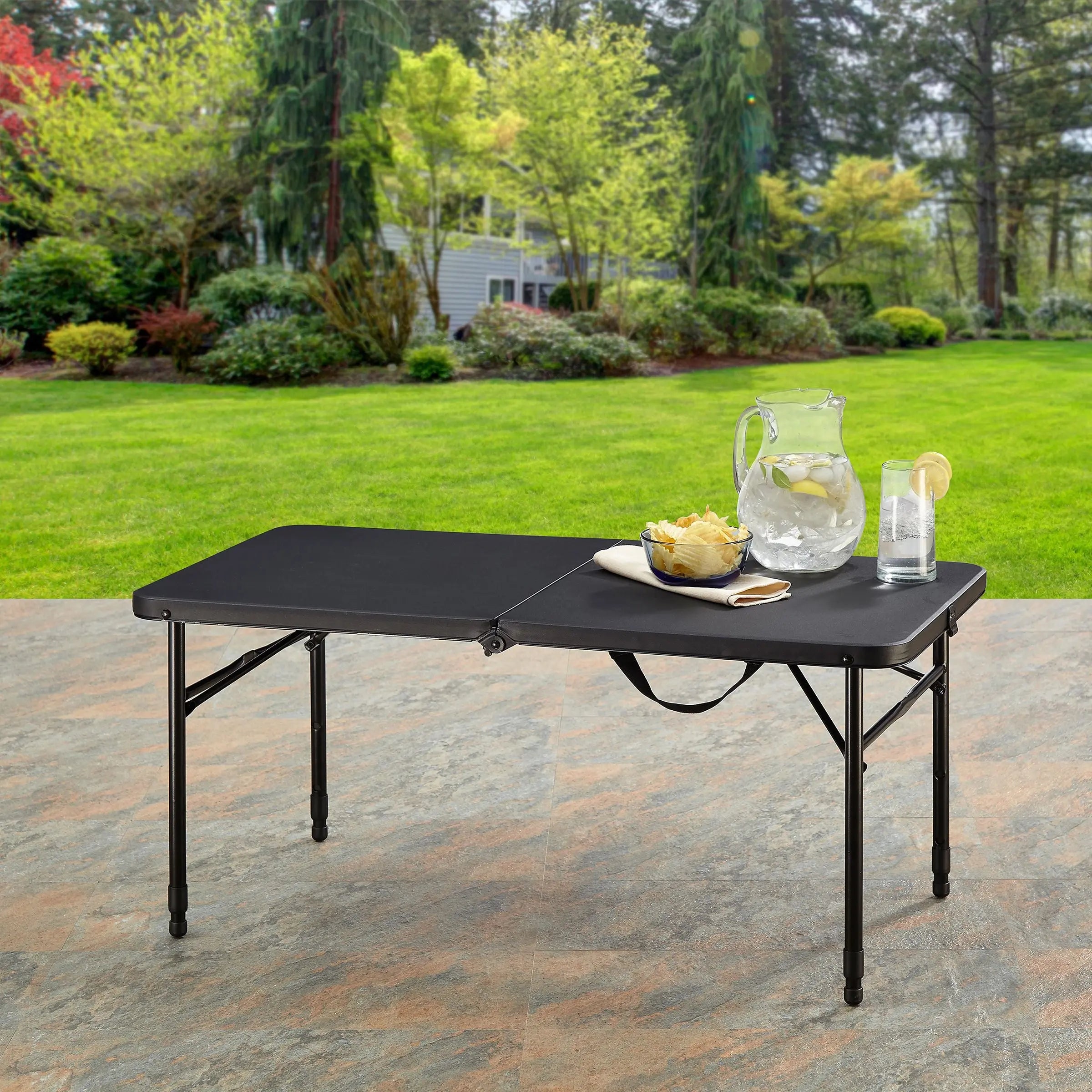 40" L x 20" W Plastic Adjustable Height Fold-in-Half Folding Table, Rich Black Hand C Mart