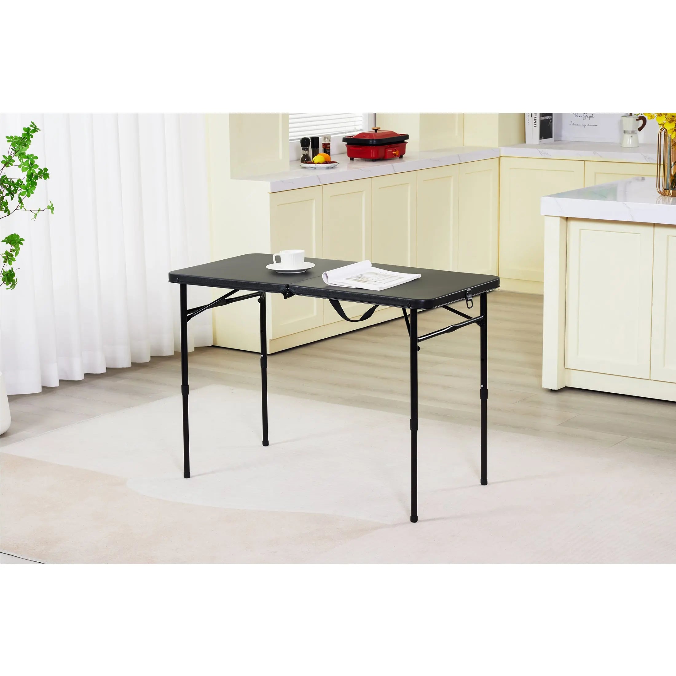 40" L x 20" W Plastic Adjustable Height Fold-in-Half Folding Table, Rich Black Hand C Mart