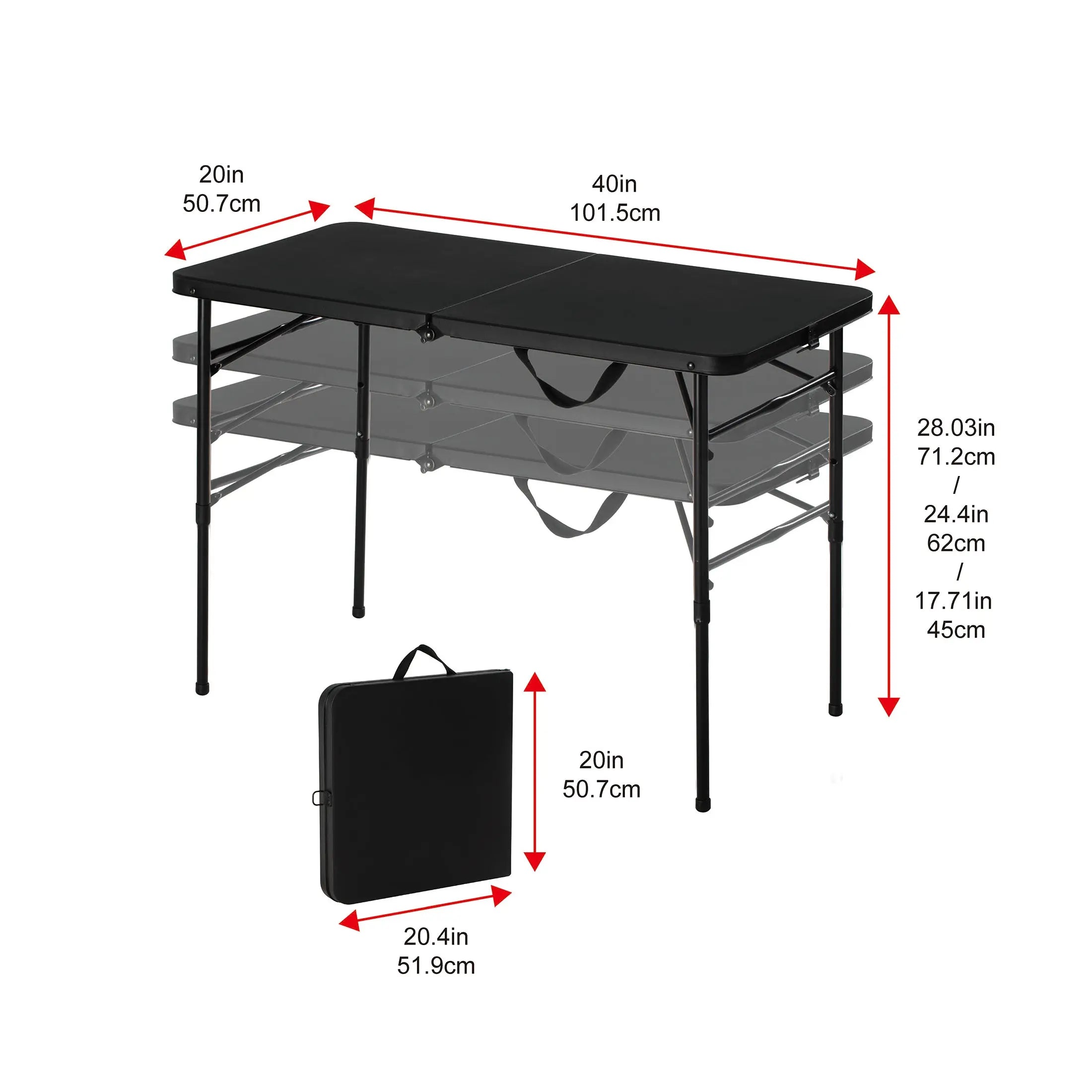 40" L x 20" W Plastic Adjustable Height Fold-in-Half Folding Table, Rich Black Hand C Mart