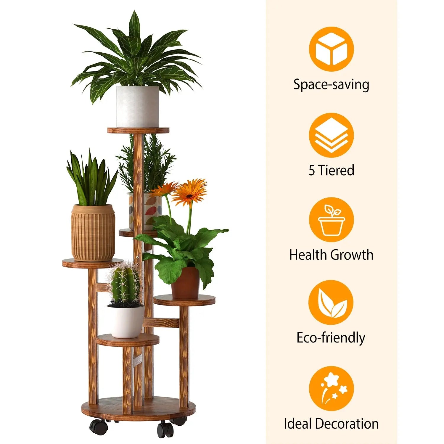 5 Tier Plant Stand with 4 Detachable Wheels TeqHome Wooden Plant Pot Rolling Shelf for Multiple Plants Plant Holder Table Pot Stand for Living Room Outdoor Garden Balcony Patio Hand C Mart