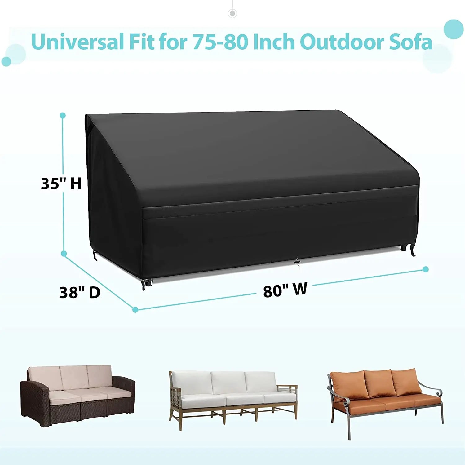 600D Outdoor Sofa Cover Waterproof, 3-Seater Patio Couch Cover, 80in Heavy Duty Patio Furniture Cover for Sofa with UV Coated, 80" x 38" x 35", Black Hand C Mart