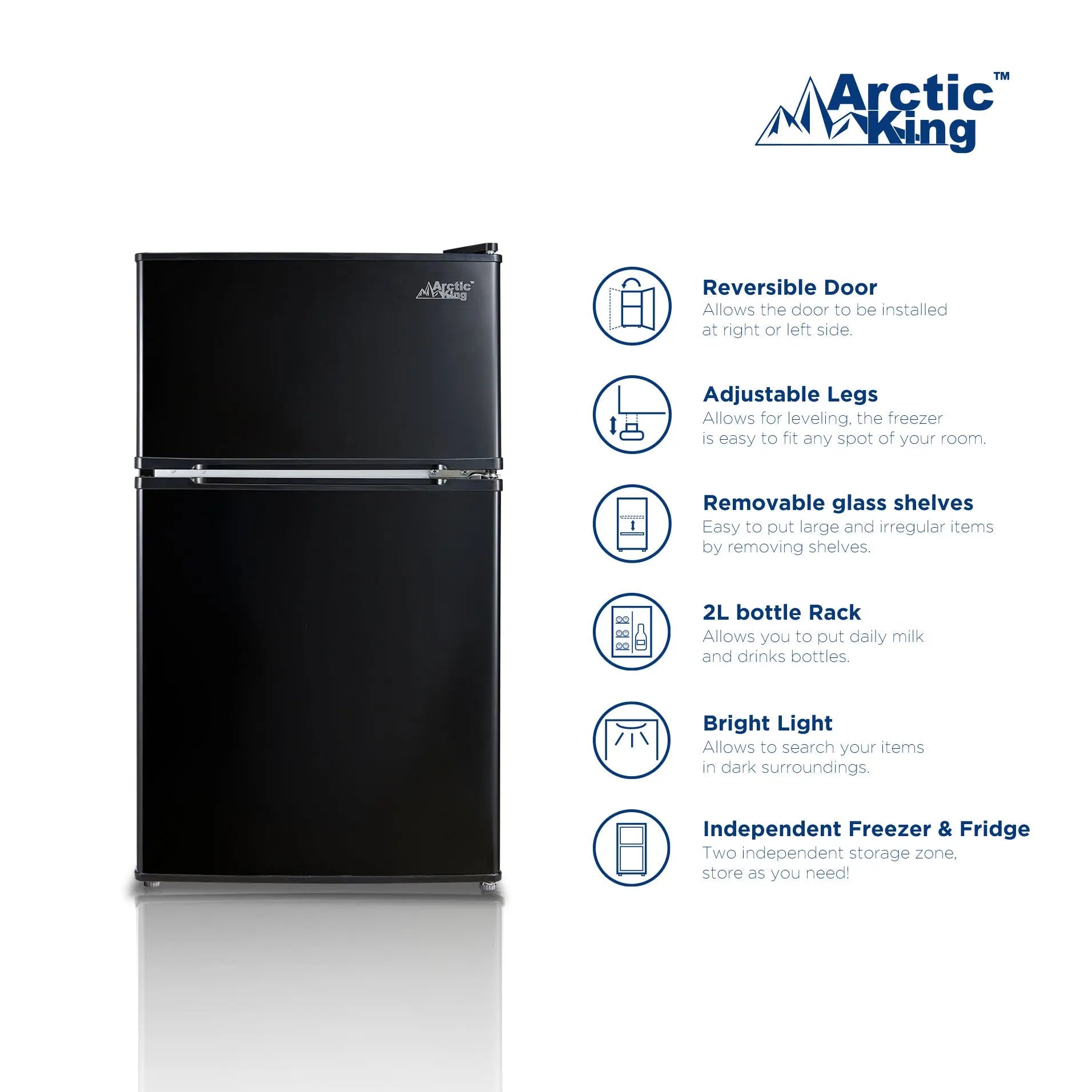 Arctic King 3.2 Cu ft Two Door Mini Fridge with Freezer, Black, E-Star, ARM32D5ABB Hand C Mart