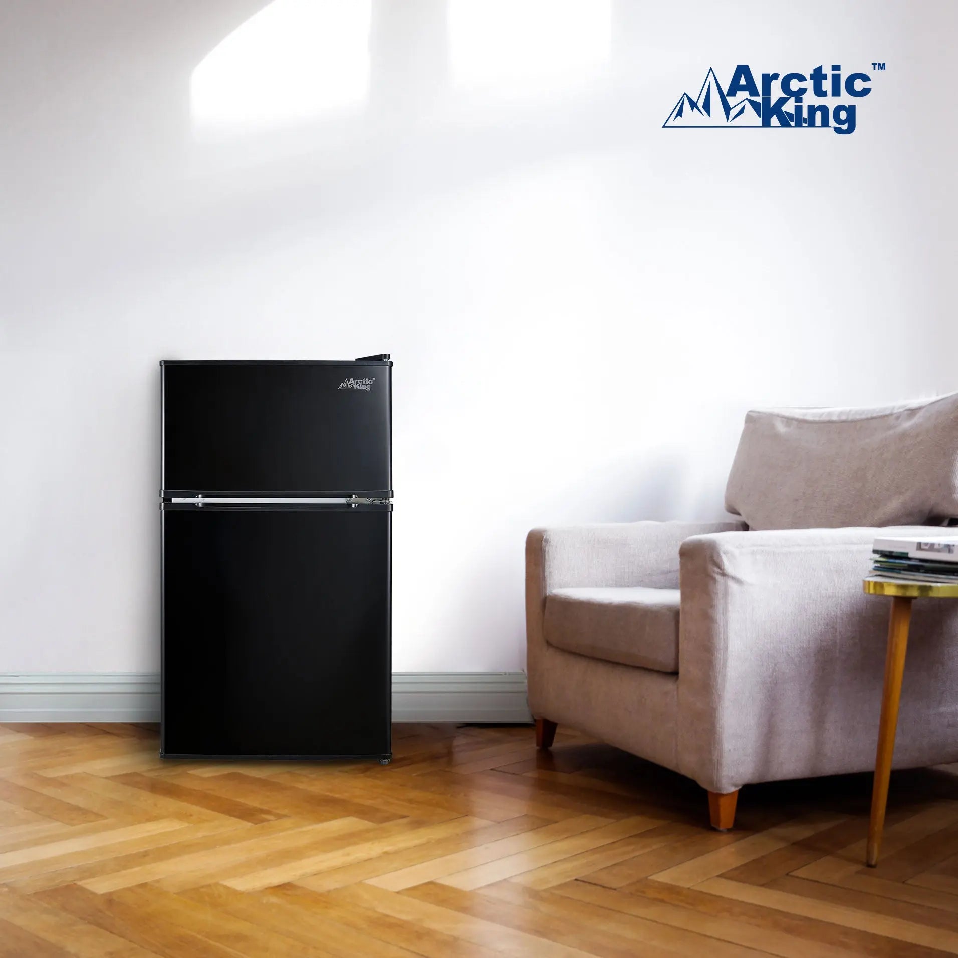 Arctic King 3.2 Cu ft Two Door Mini Fridge with Freezer, Black, E-Star, ARM32D5ABB Hand C Mart