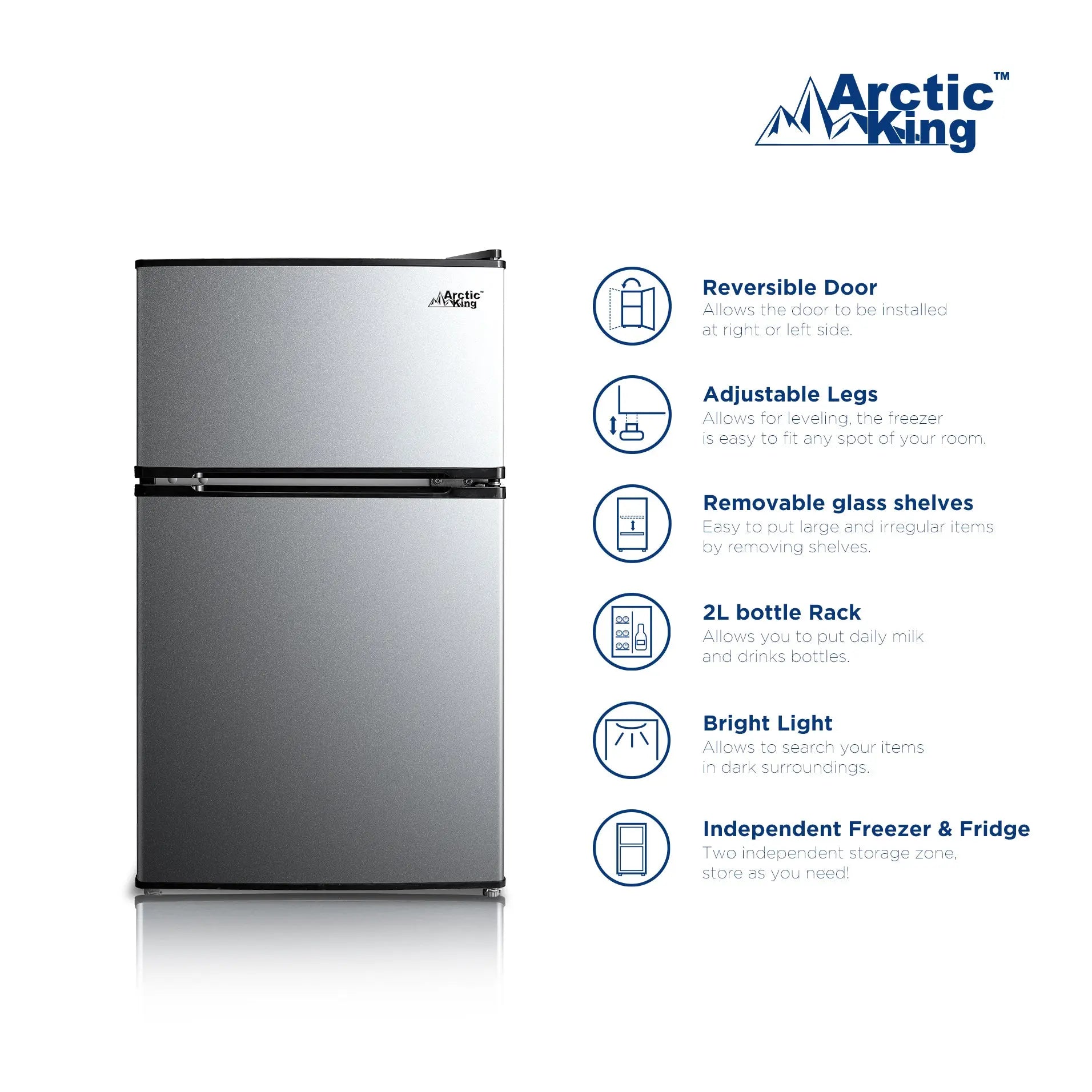 Arctic King 3.2 Cu ft Two Door Mini Fridge with Freezer, Stainless Steel, E-Star Hand C Mart