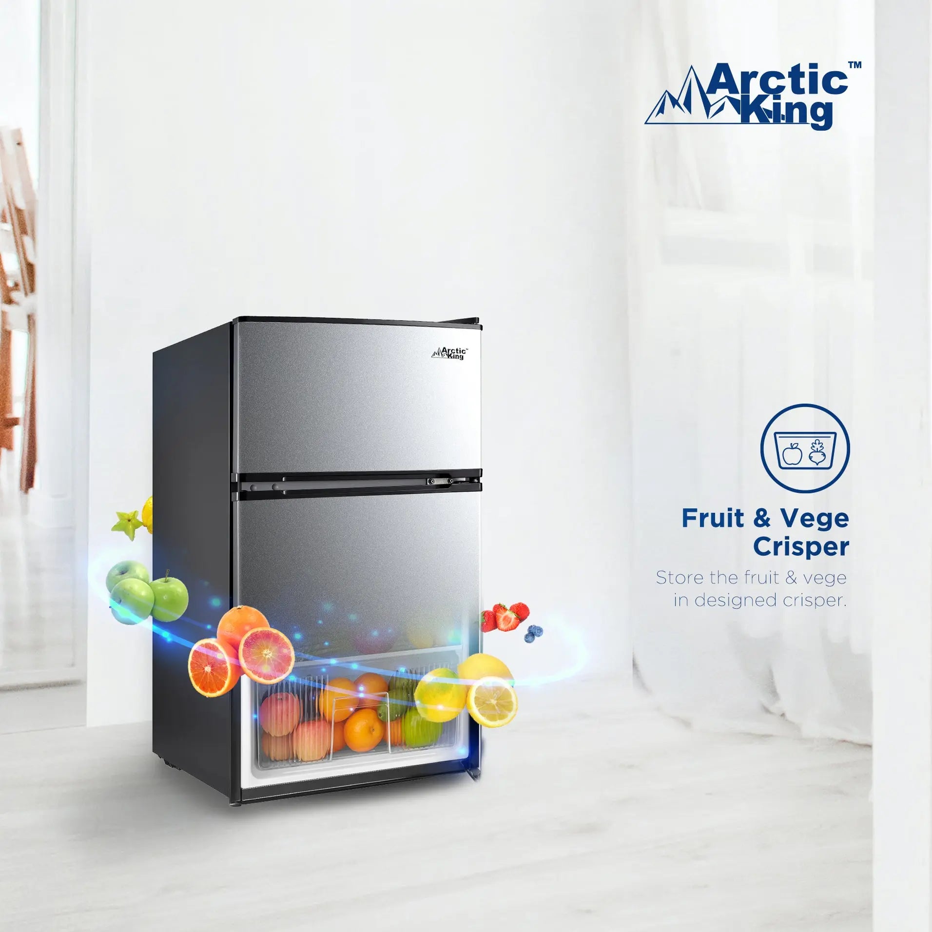 Arctic King 3.2 Cu ft Two Door Mini Fridge with Freezer, Stainless Steel, E-Star Hand C Mart