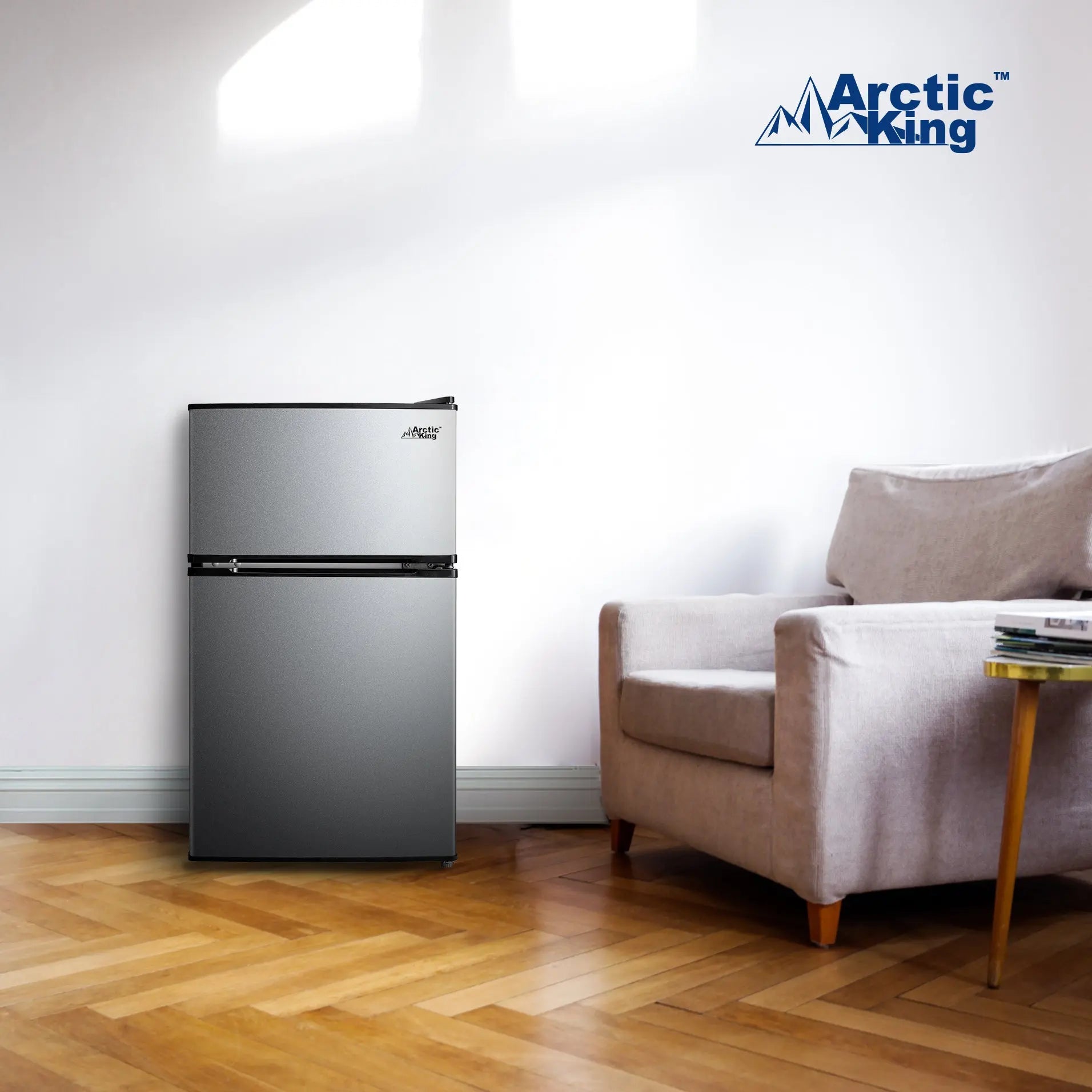 Arctic King 3.2 Cu ft Two Door Mini Fridge with Freezer, Stainless Steel, E-Star Hand C Mart