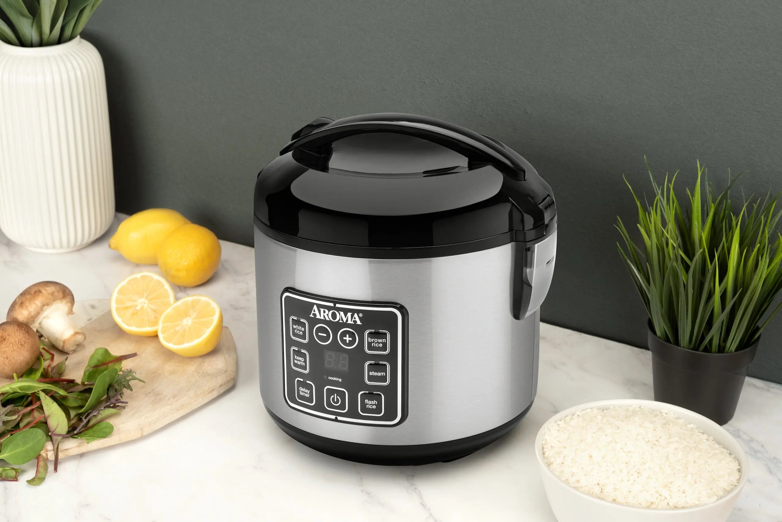 Aroma 8-Cup (Cooked) Rice & Grain Cooker, Steamer, New Bonded Granite Coating Hand C Mart