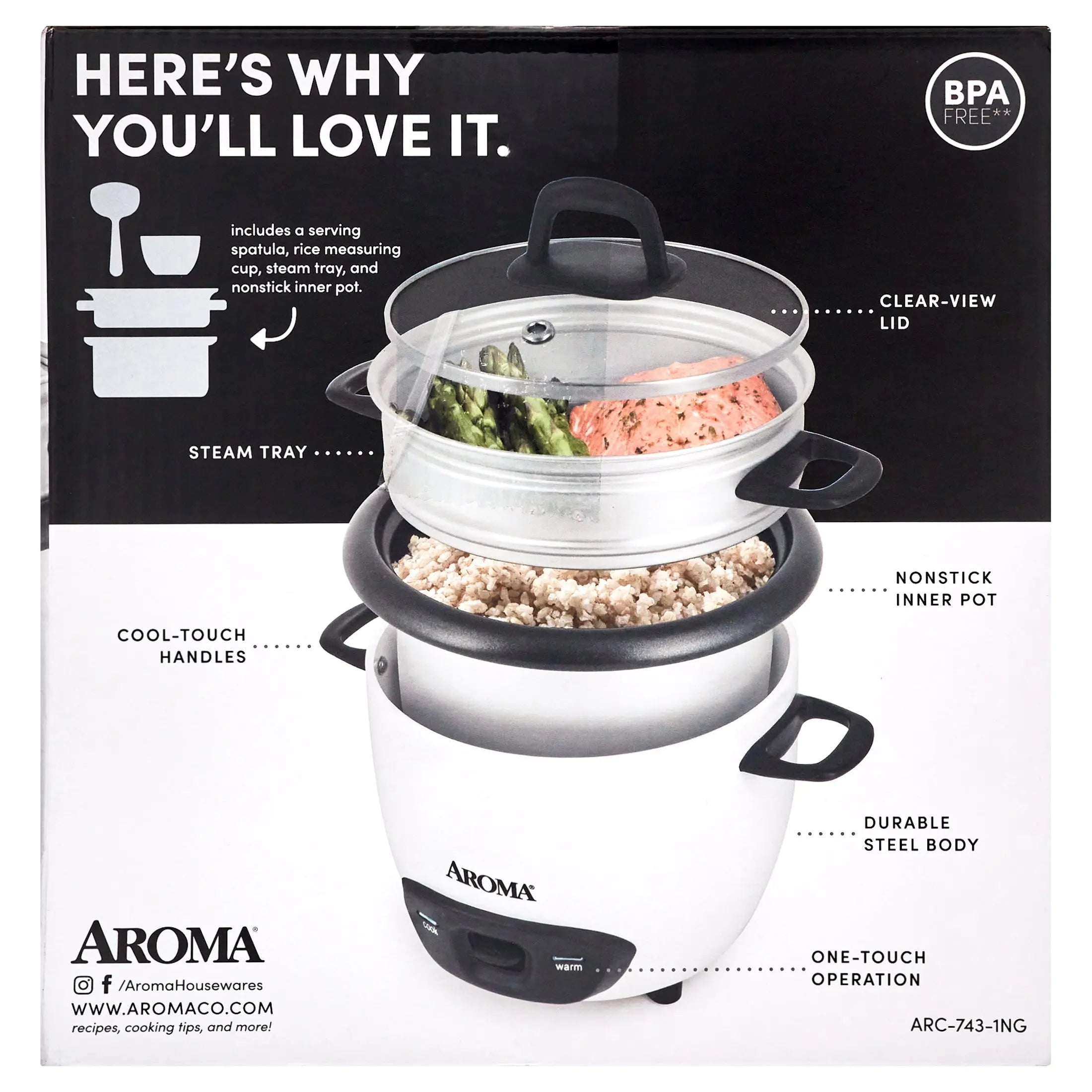 Aroma® 6-Cup (Cooked) / 1.5Qt. Rice & Grain Cooker, White, New, ARC-743-1NG Hand C Mart