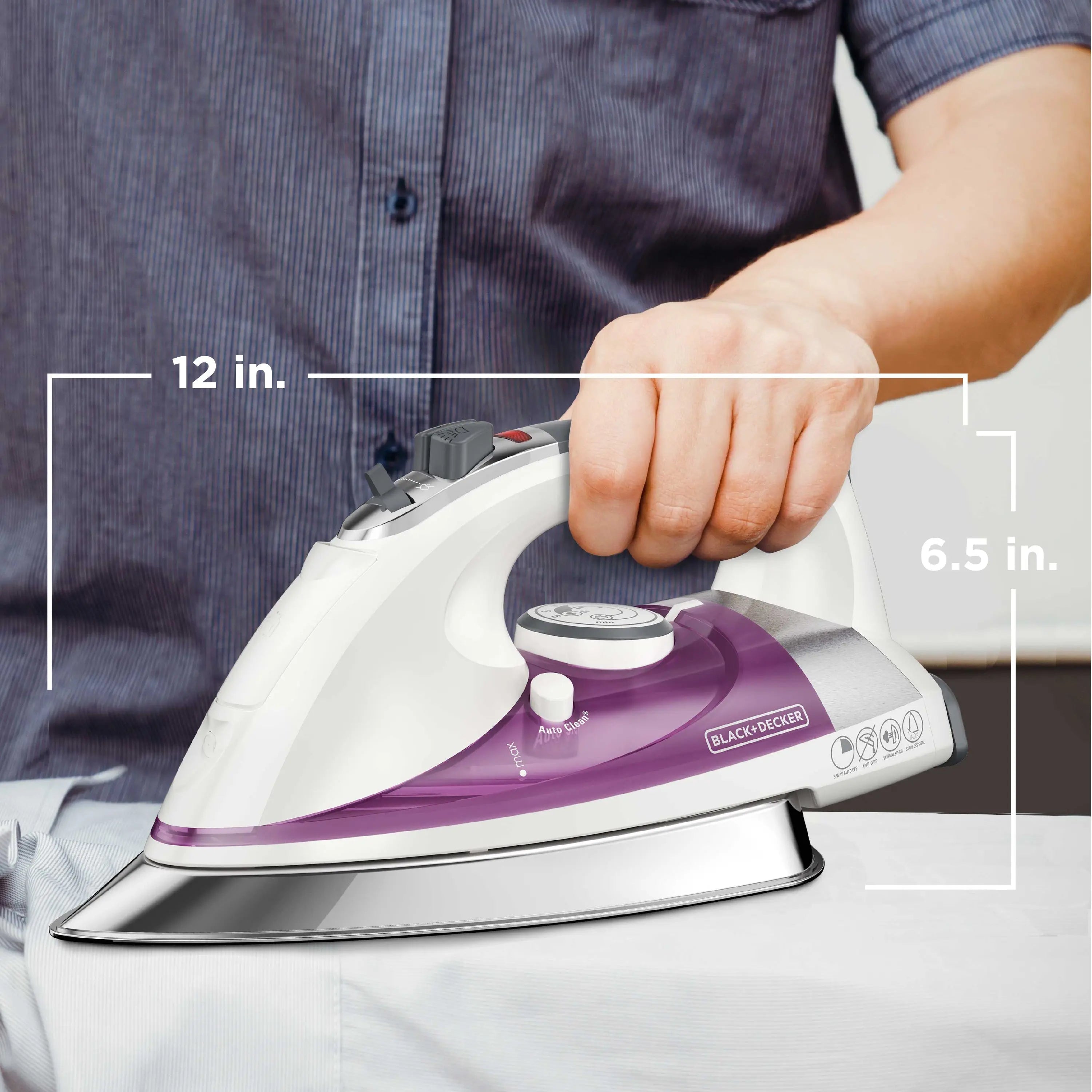 BLACK+DECKER Professional Steam Iron with Stainless Steel Soleplate and Extra-Long Cord, Purple, IR1350S Hand C Mart