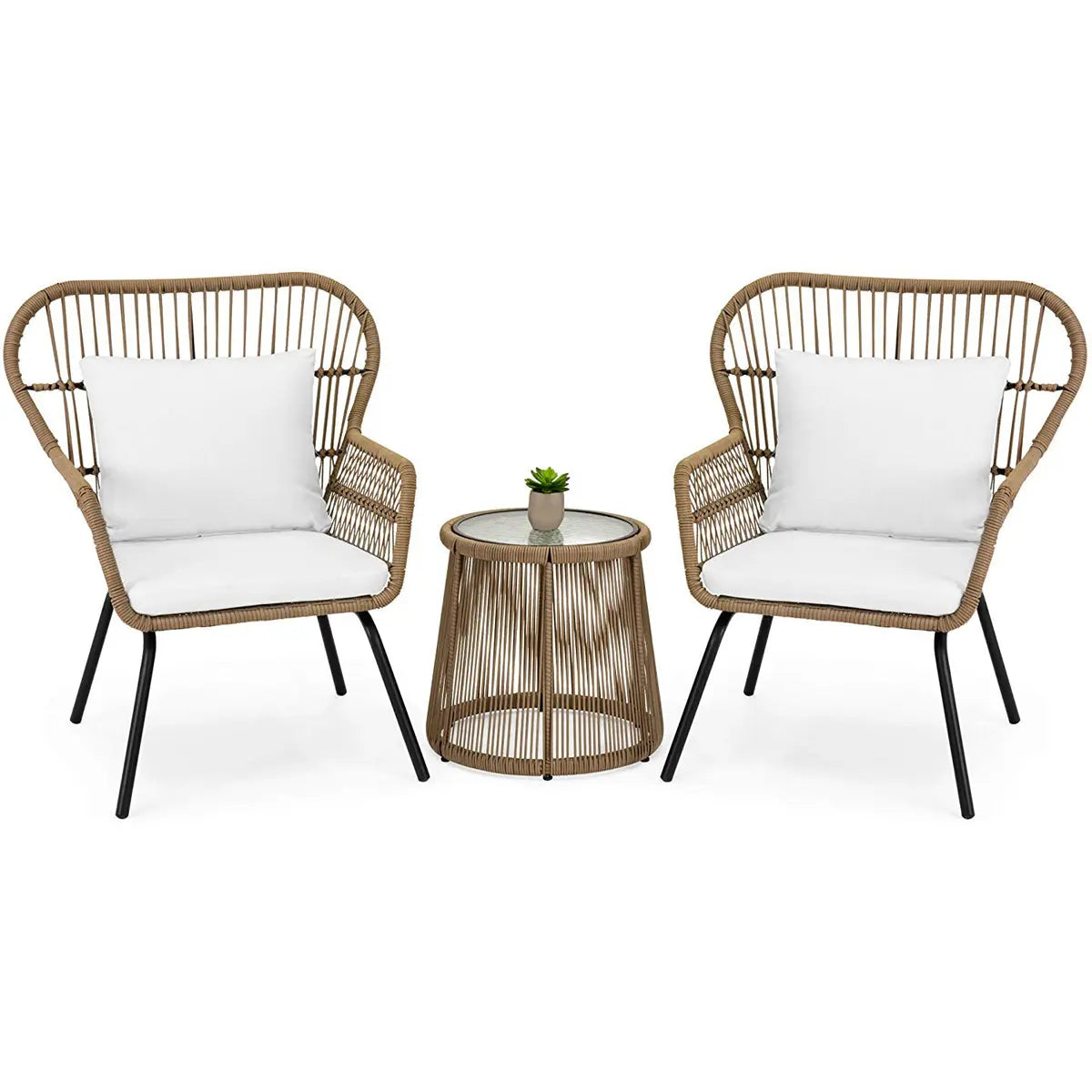 Barton 3pc Patio Chair Set w/Glass Table Bistro Wicker Rattan Hand C Mart