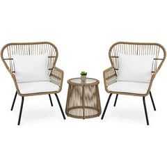 Barton 3pc Patio Chair Set w/Glass Table Bistro Wicker Rattan Hand C Mart