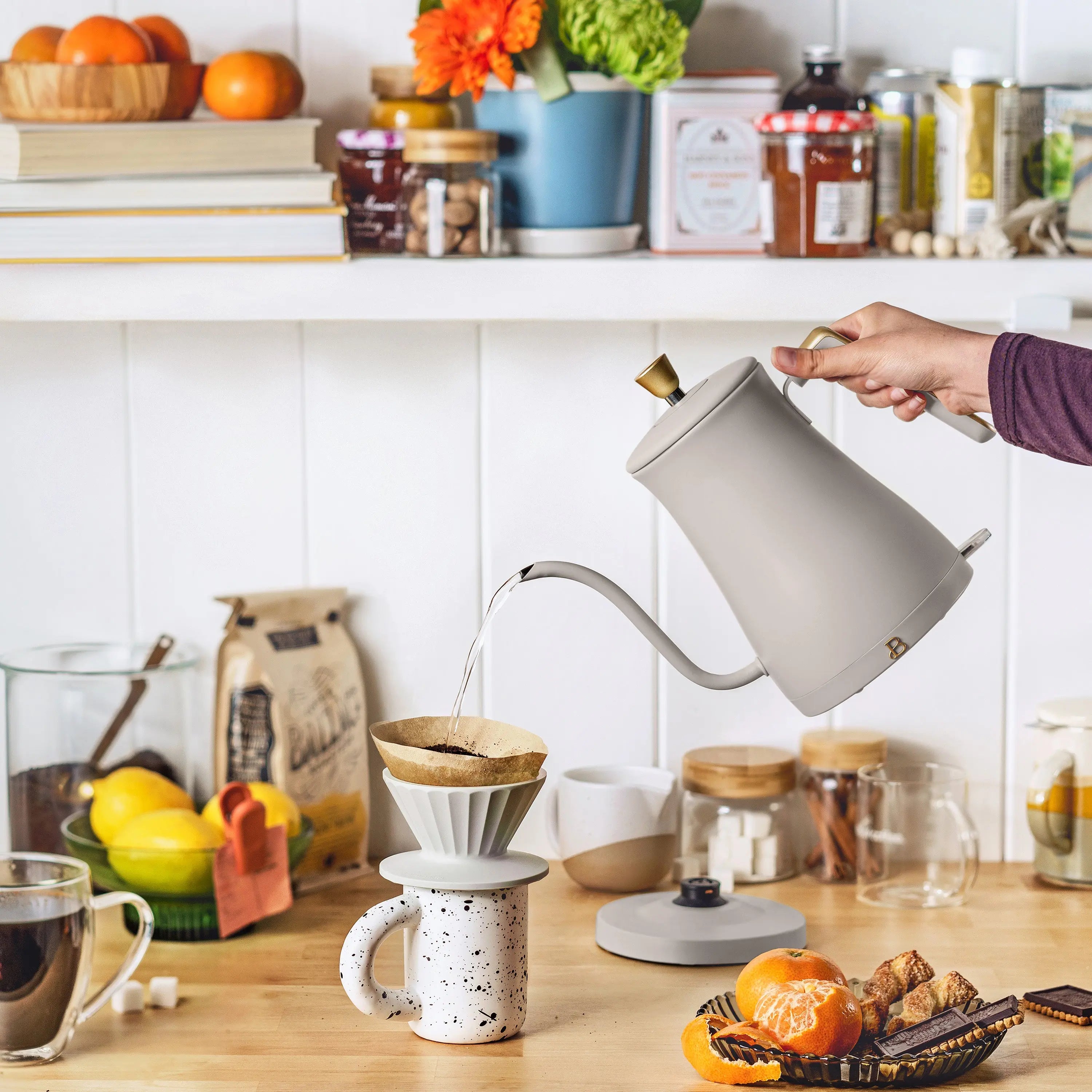 Beautiful 1-Liter Electric Gooseneck Kettle 1200 W, Porcini Taupe by Drew Barrymore Hand C Mart