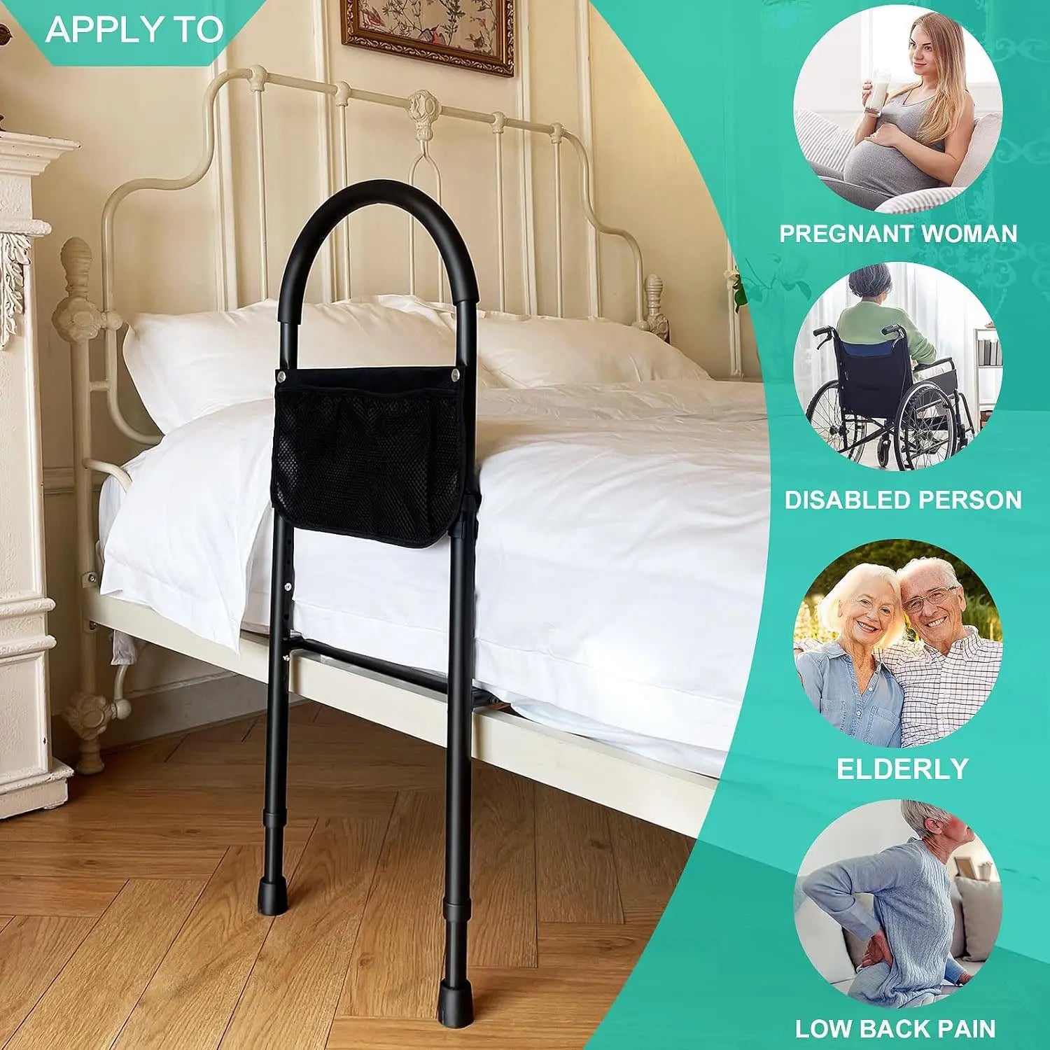 Bed Rails for Elderly Adults Safety with Adjustable Heights & Storage Pocket, Fall Prevention Bed Assist Rails for Seniors with Floor Support Hand C Mart