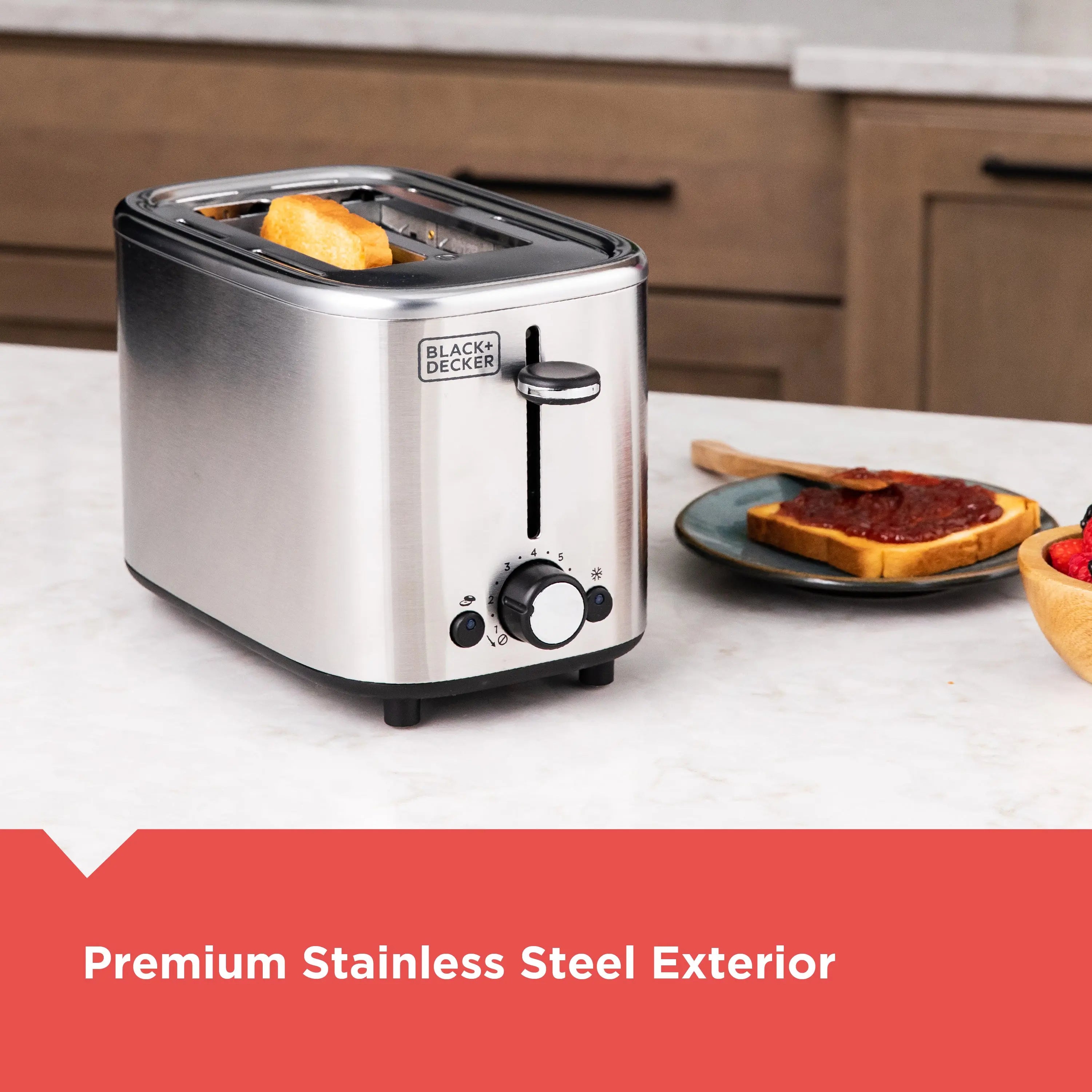 Compact, sleek 2-slice toaster for kitchen countertops
