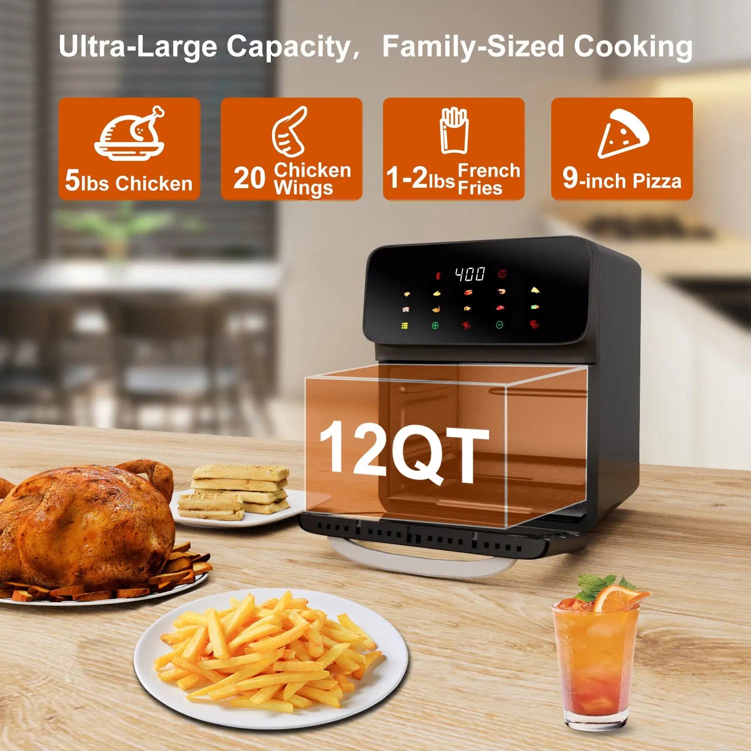 Bluebow Air Fryer 12QT Convection Oven with 10-in-1 Multi Function, Visible Window and Touchscreen, Black Hand C Mart