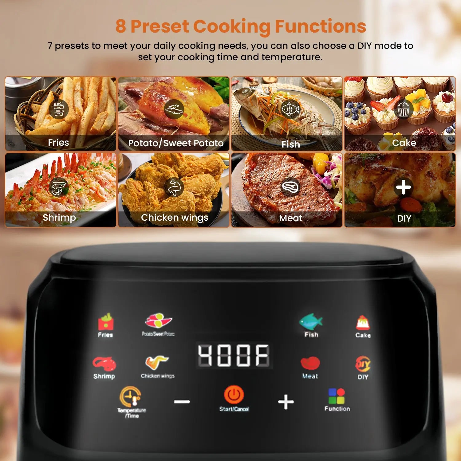 Bluebow Air Fryer 7.5QT, Large 8-in-1 Digital Touchscreen, Visible Window, 1700W, New, Black Hand C Mart