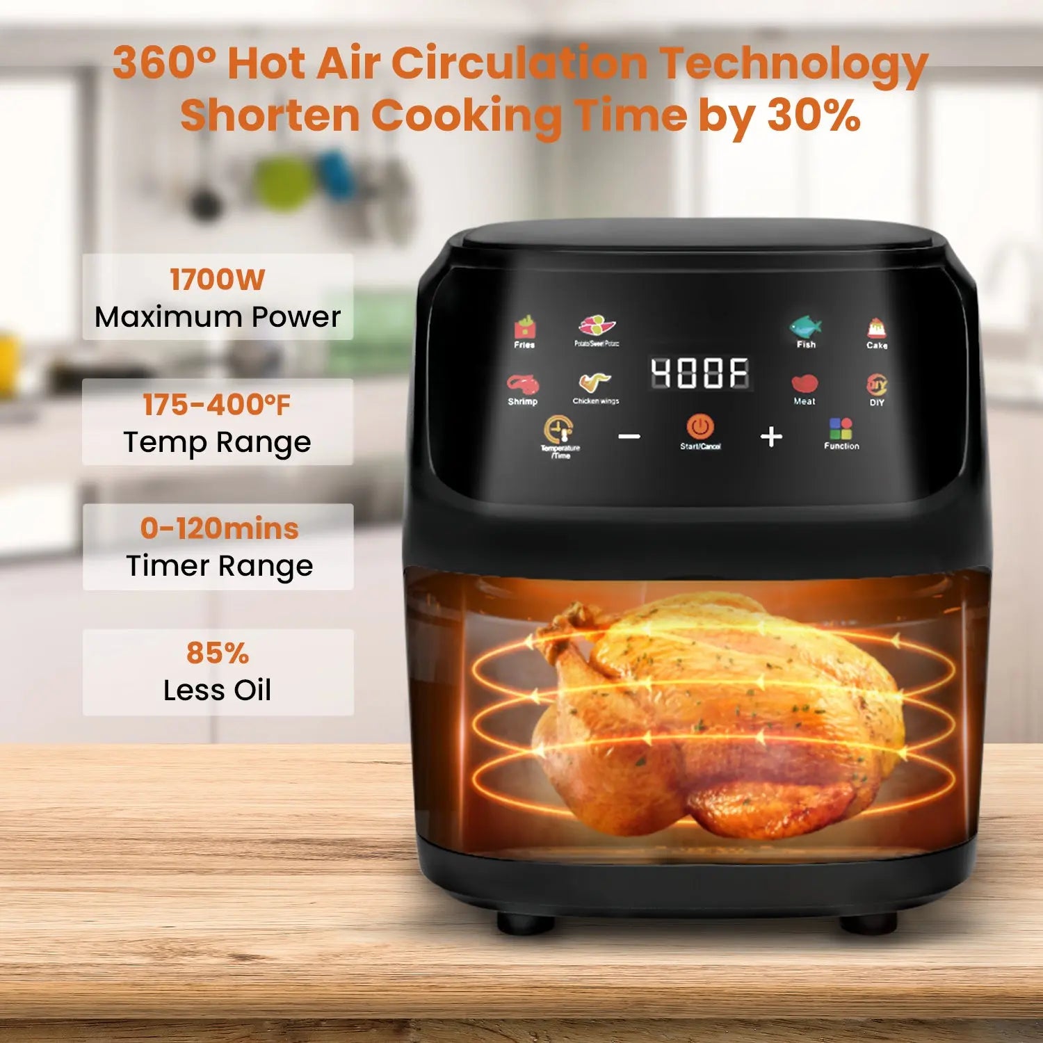 Bluebow Air Fryer 7.5QT, Large 8-in-1 Digital Touchscreen, Visible Window, 1700W, New, Black Hand C Mart