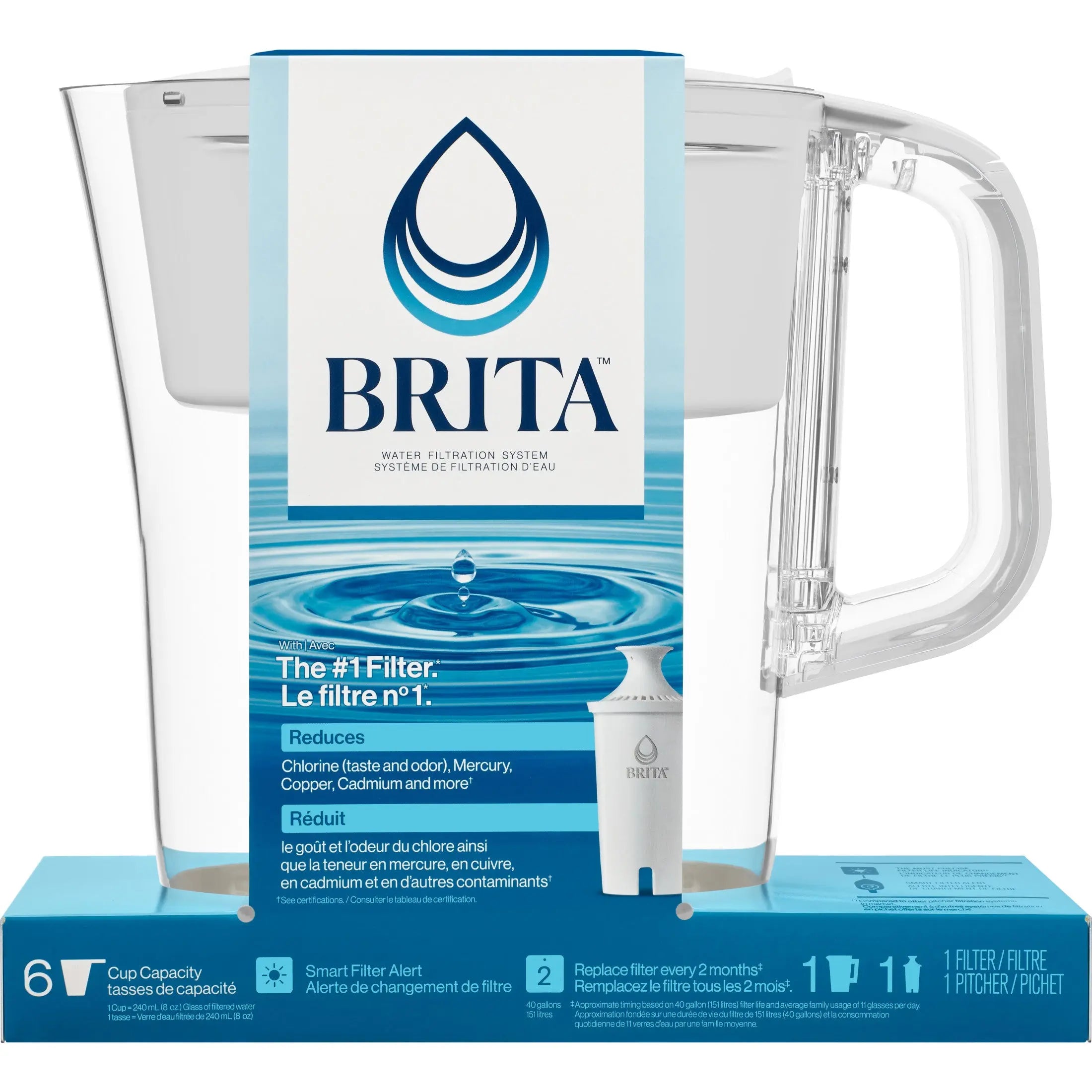 Easy-fill Brita water pitcher with flip lid design
