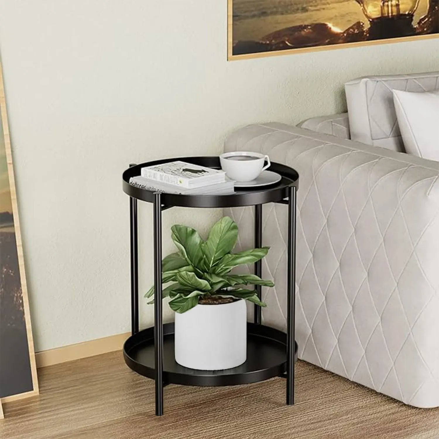 Cerbior 2-Tier Metal Tray End Table, Round Accent Coffee Side Table, Anti-Rust and Waterproof Sofa Side Table for Living Room Bedroom Balcony (Black) Hand C Mart