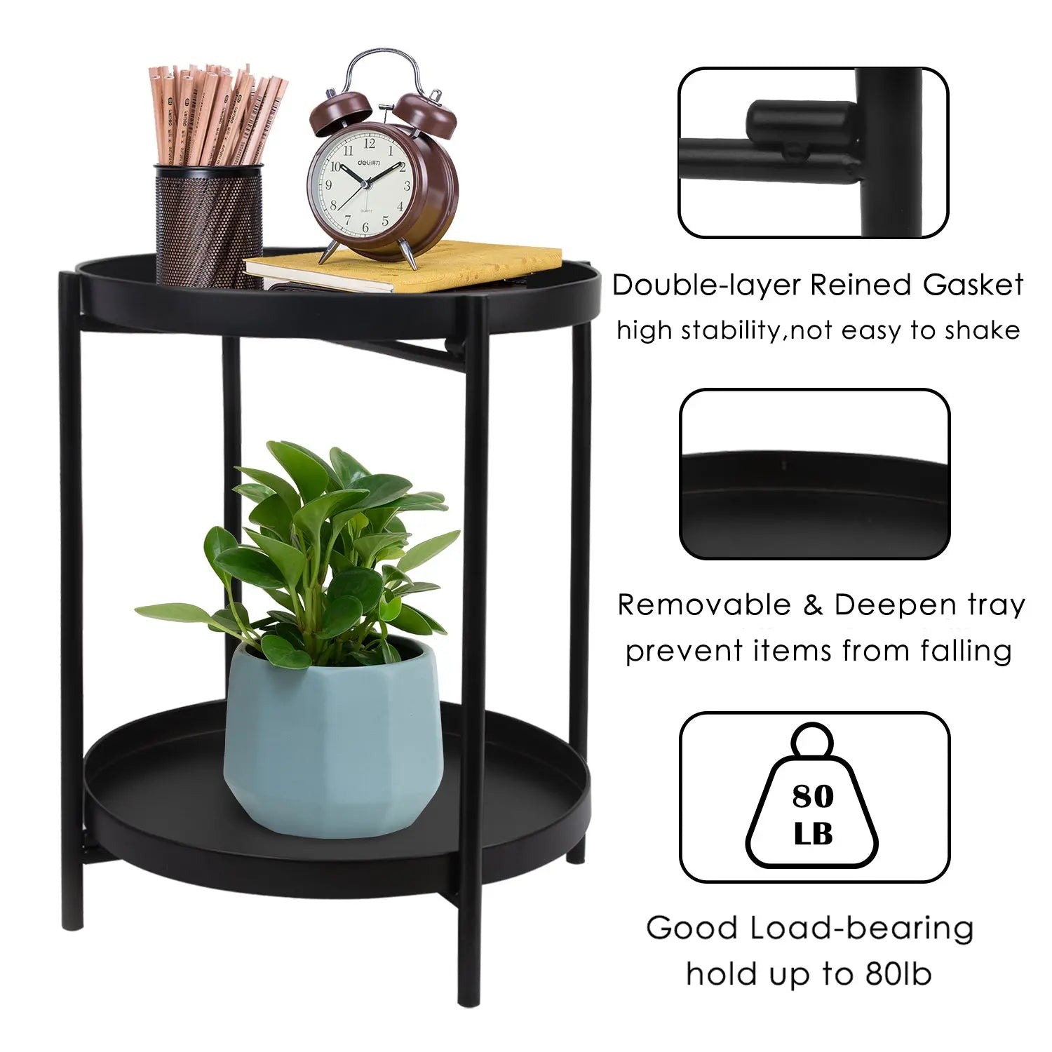 Cerbior 2-Tier Metal Tray End Table, Round Accent Coffee Side Table, Anti-Rust and Waterproof Sofa Side Table for Living Room Bedroom Balcony (Black) Hand C Mart