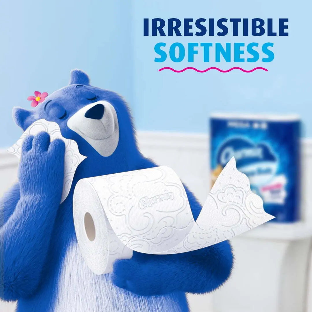 Family bathroom stocked with Charmin Ultra Soft mega rolls
