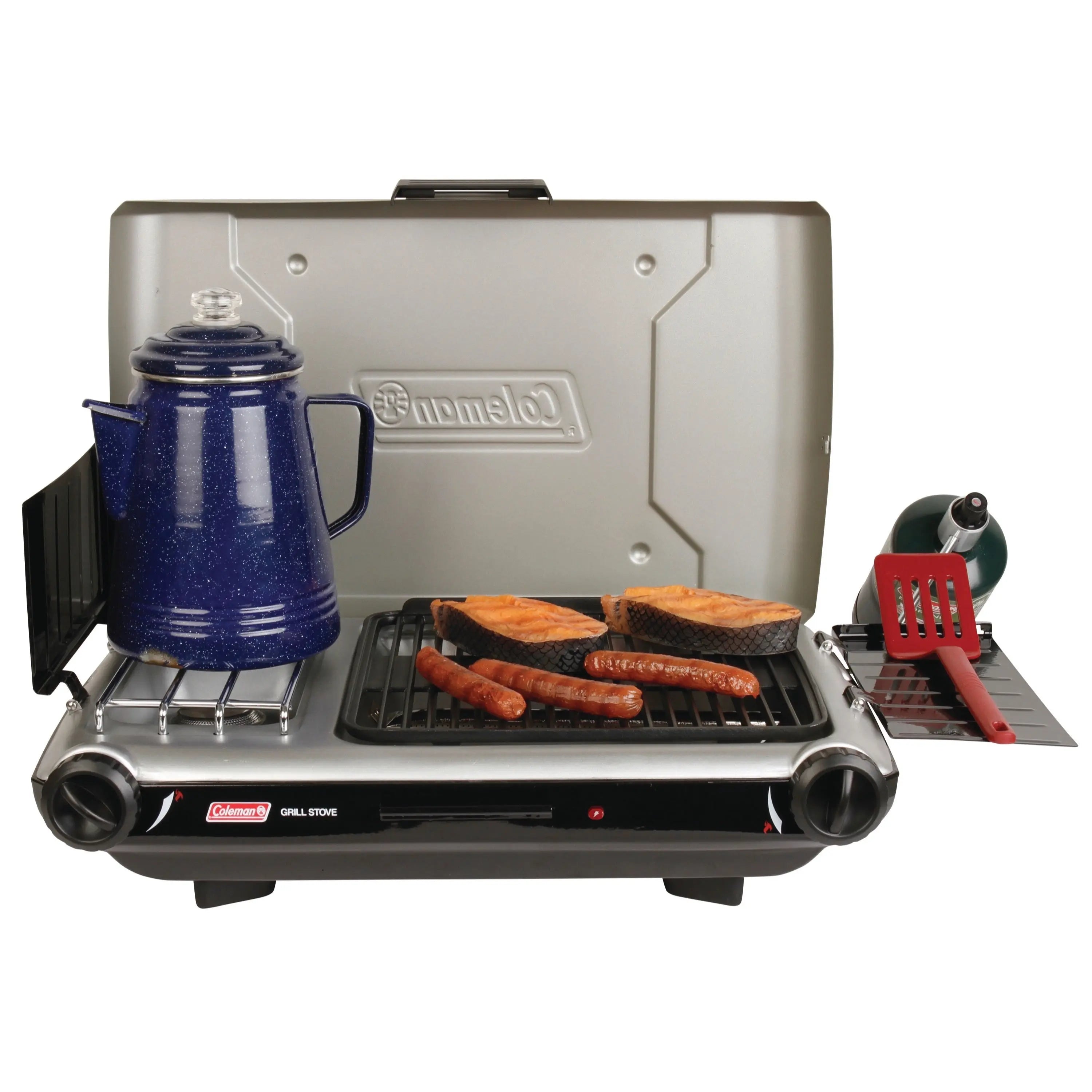 Coleman® Tabletop Propane Gas Camping 2-in-1 Grill/Stove 2-Burner, Gray, 2000038016 Hand C Mart