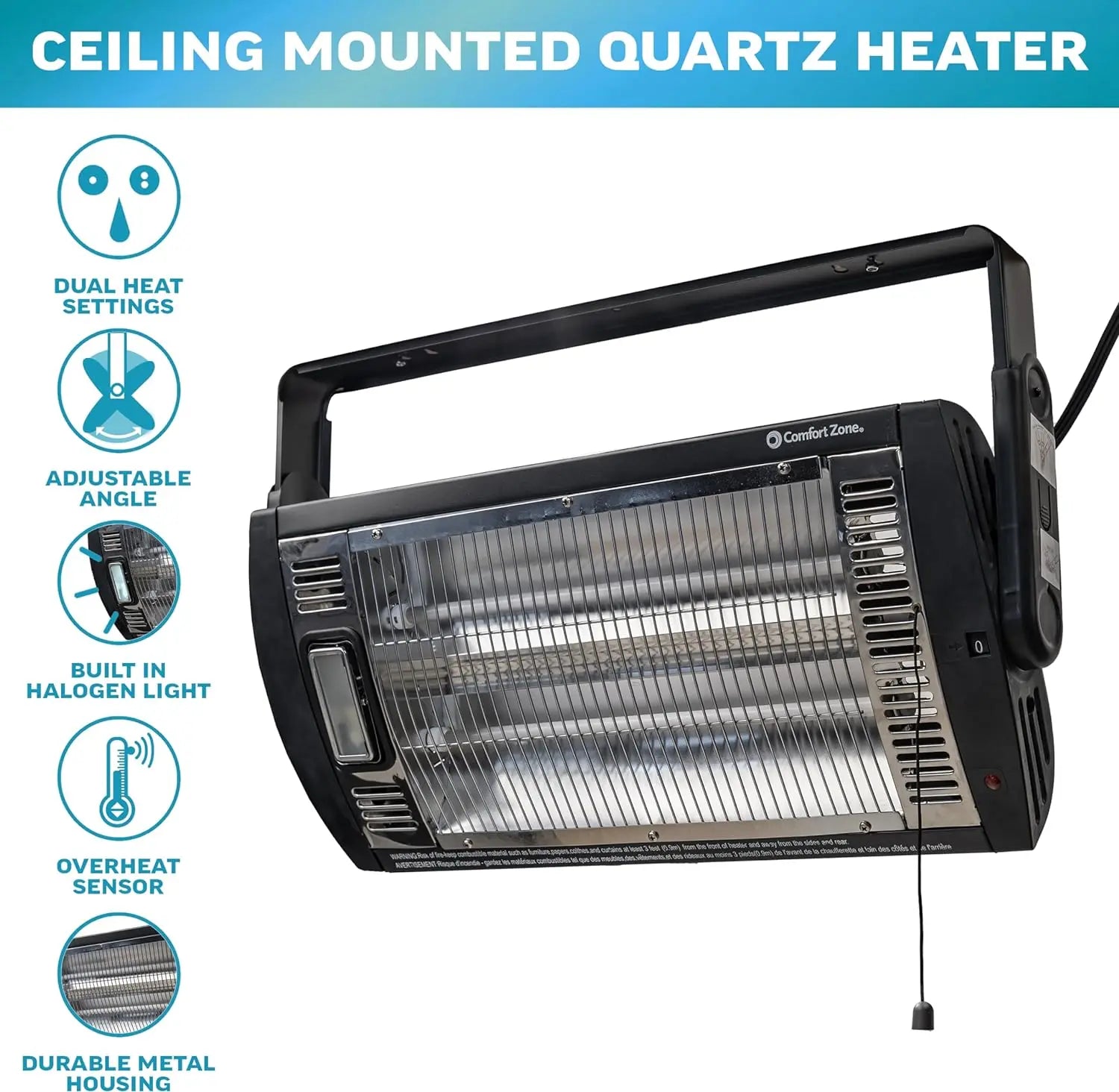 Comfort Zone 750/1,500-Watt Ceiling Mounted Dual Quartz Radiant Heater with 90-Degree Adjustable Tilt, Metal Safety Grille, Overheat Protection (Hardware Included) Hand C Mart