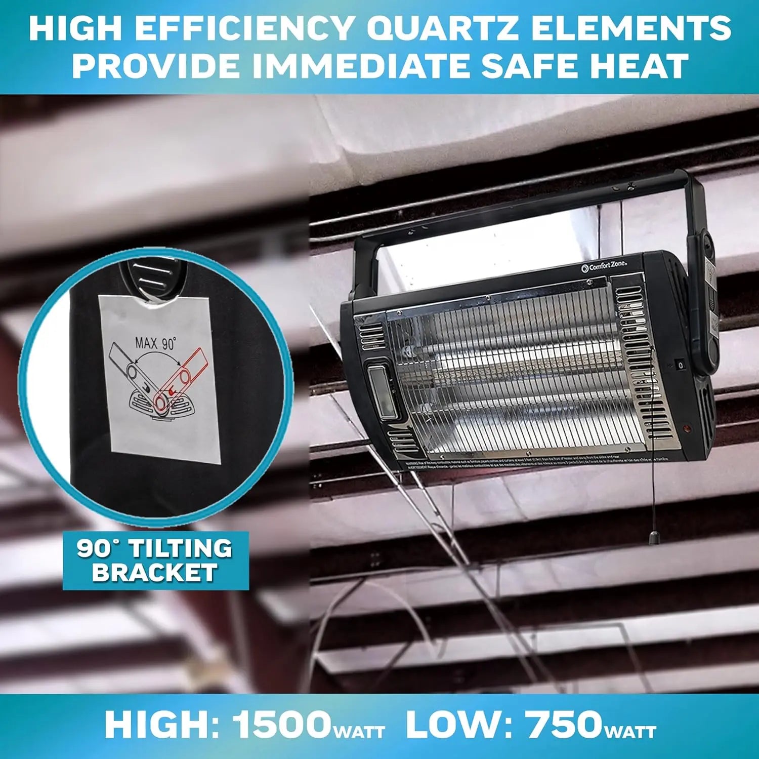 Comfort Zone 750/1,500-Watt Ceiling Mounted Dual Quartz Radiant Heater with 90-Degree Adjustable Tilt, Metal Safety Grille, Overheat Protection (Hardware Included) Hand C Mart