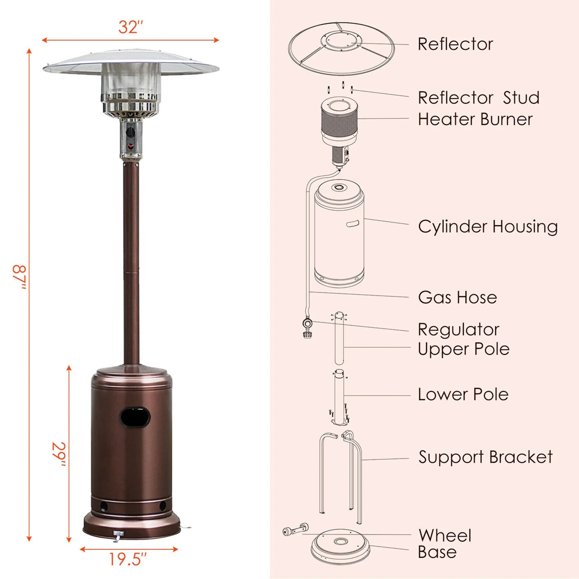 Costway 50000 BTU Propane Patio Heater Standing LP Gas Steel W/ Wheels Bronze Hand C Mart