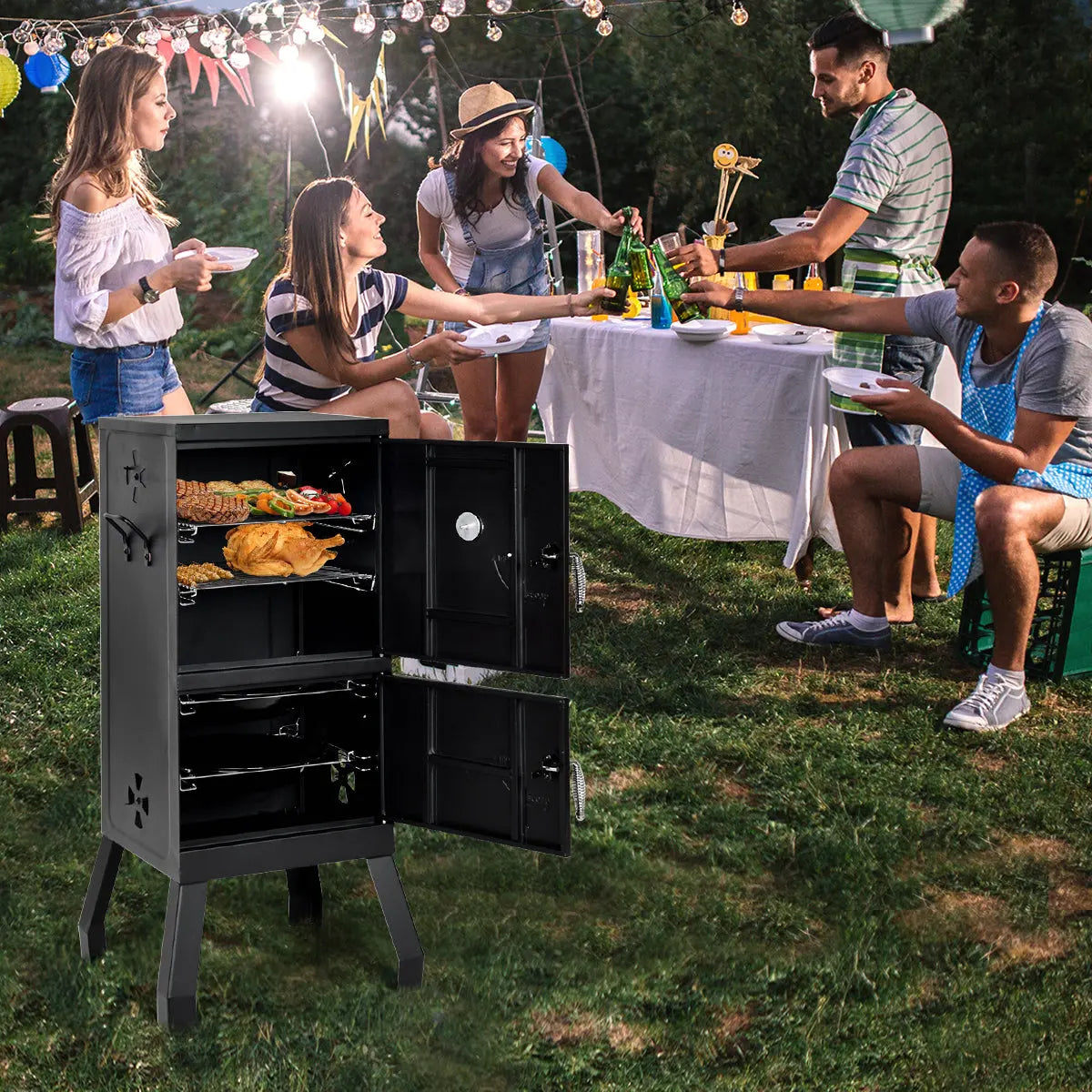 Costway Vertical Charcoal Smoker BBQ Barbecue Grill w/ Temperature Gauge Outdoor Black Hand C Mart