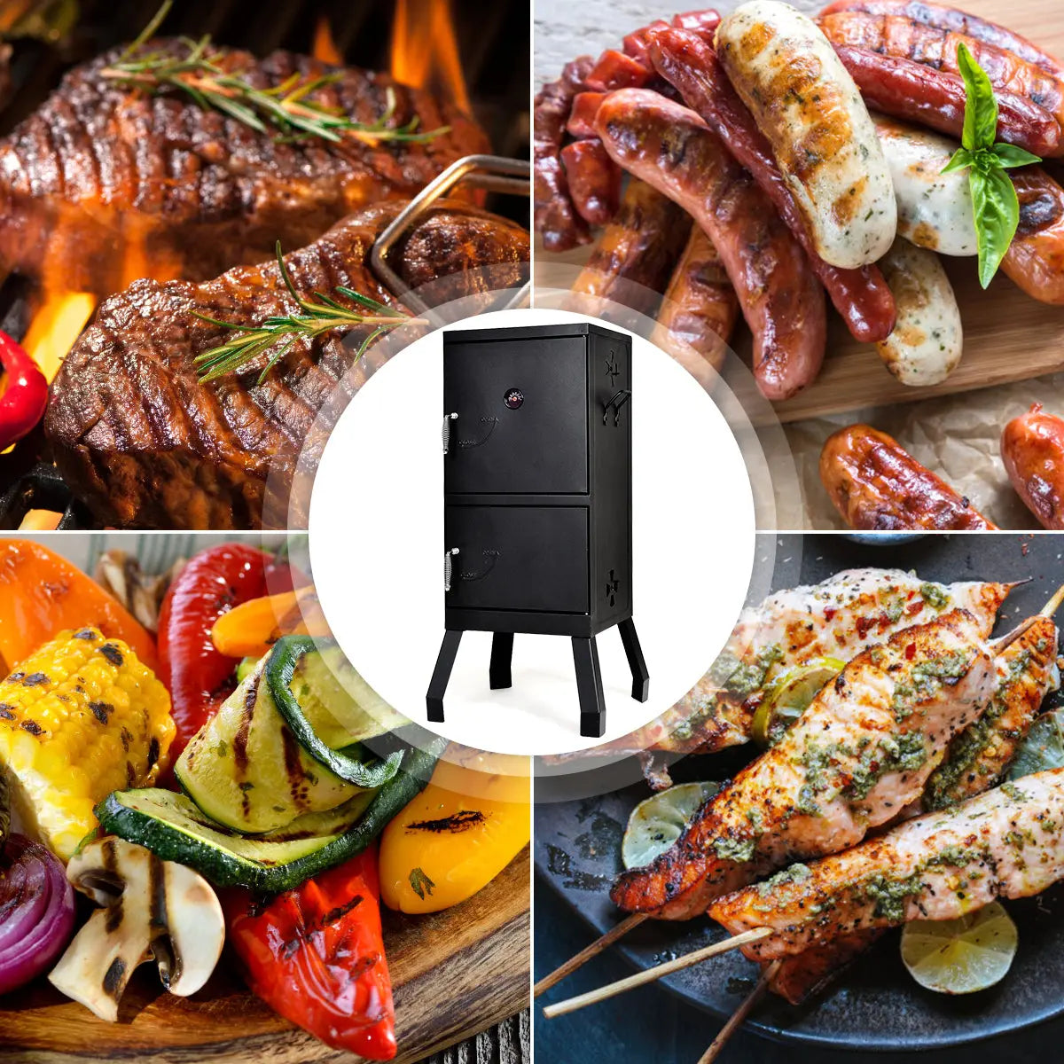 Costway Vertical Charcoal Smoker BBQ Barbecue Grill w/ Temperature Gauge Outdoor Black Hand C Mart