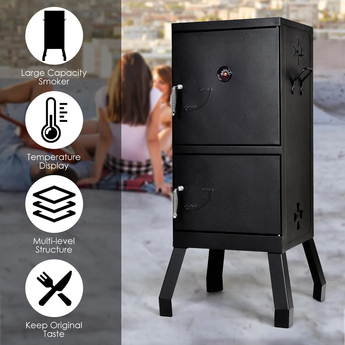 Costway Vertical Charcoal Smoker BBQ Barbecue Grill w/ Temperature Gauge Outdoor Black Hand C Mart