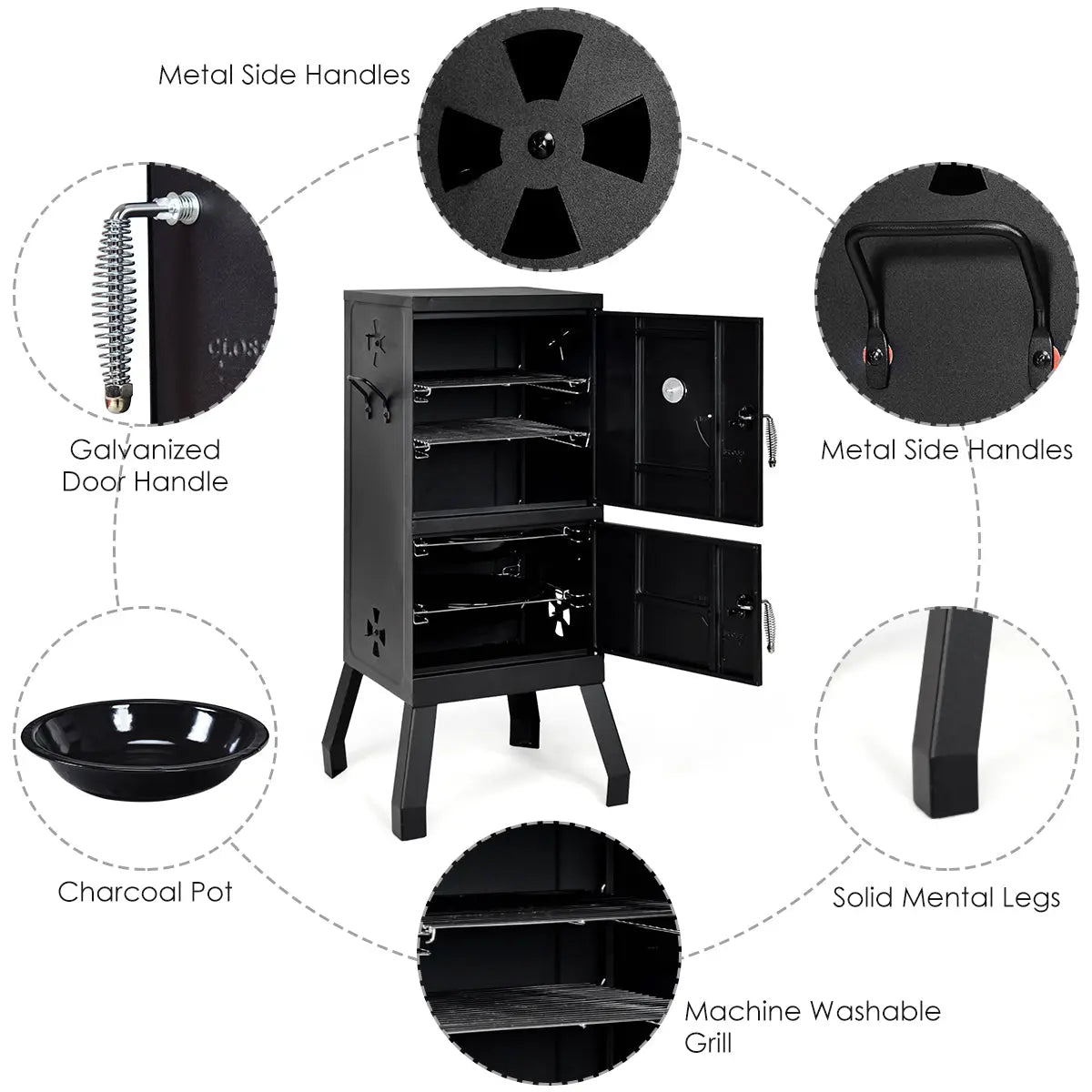 Costway Vertical Charcoal Smoker BBQ Barbecue Grill w/ Temperature Gauge Outdoor Black Hand C Mart