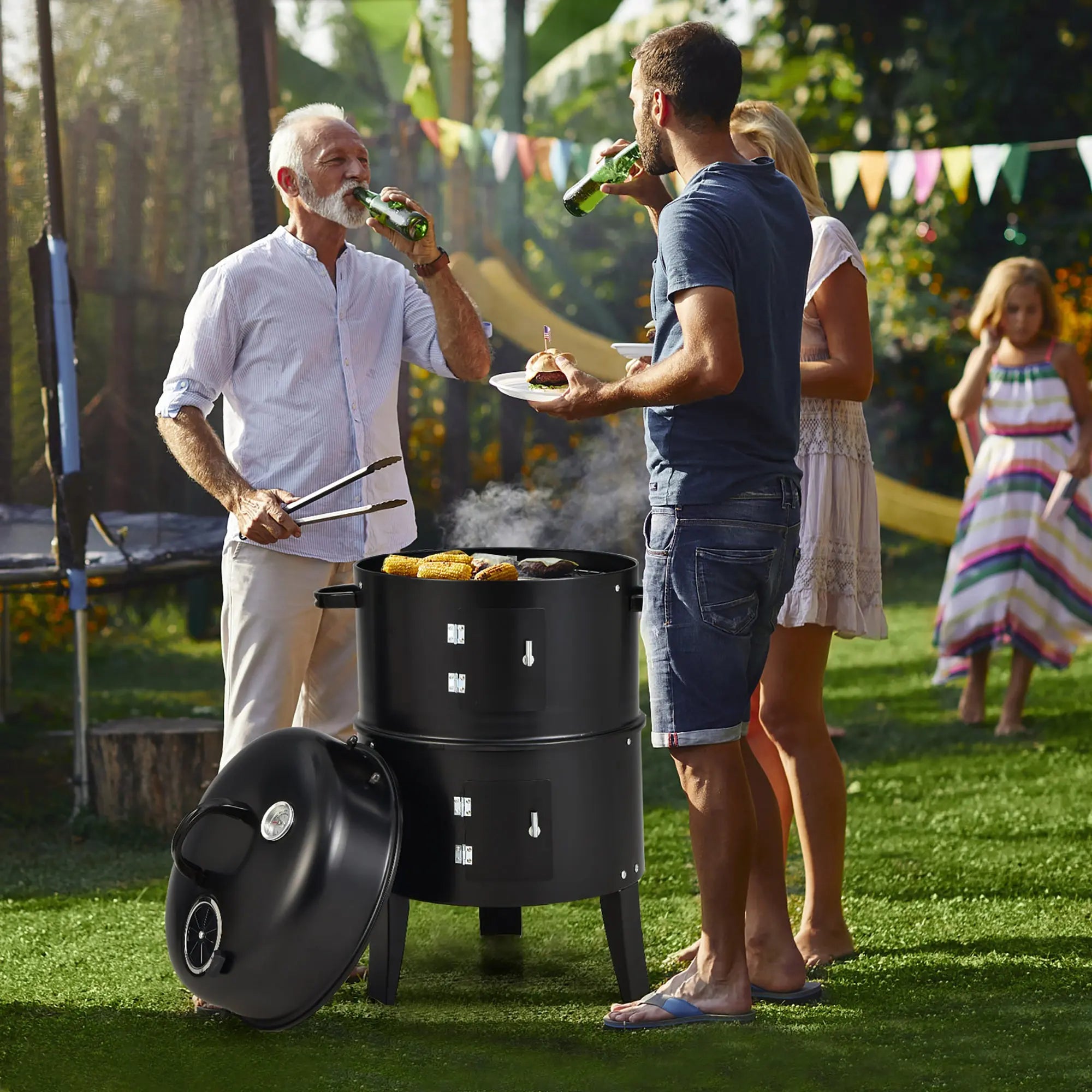 Costway3-in-1 Vertical Charcoal Smoker Portable BBQ Smoker Grill with Detachable 2 Layer Hand C Mart